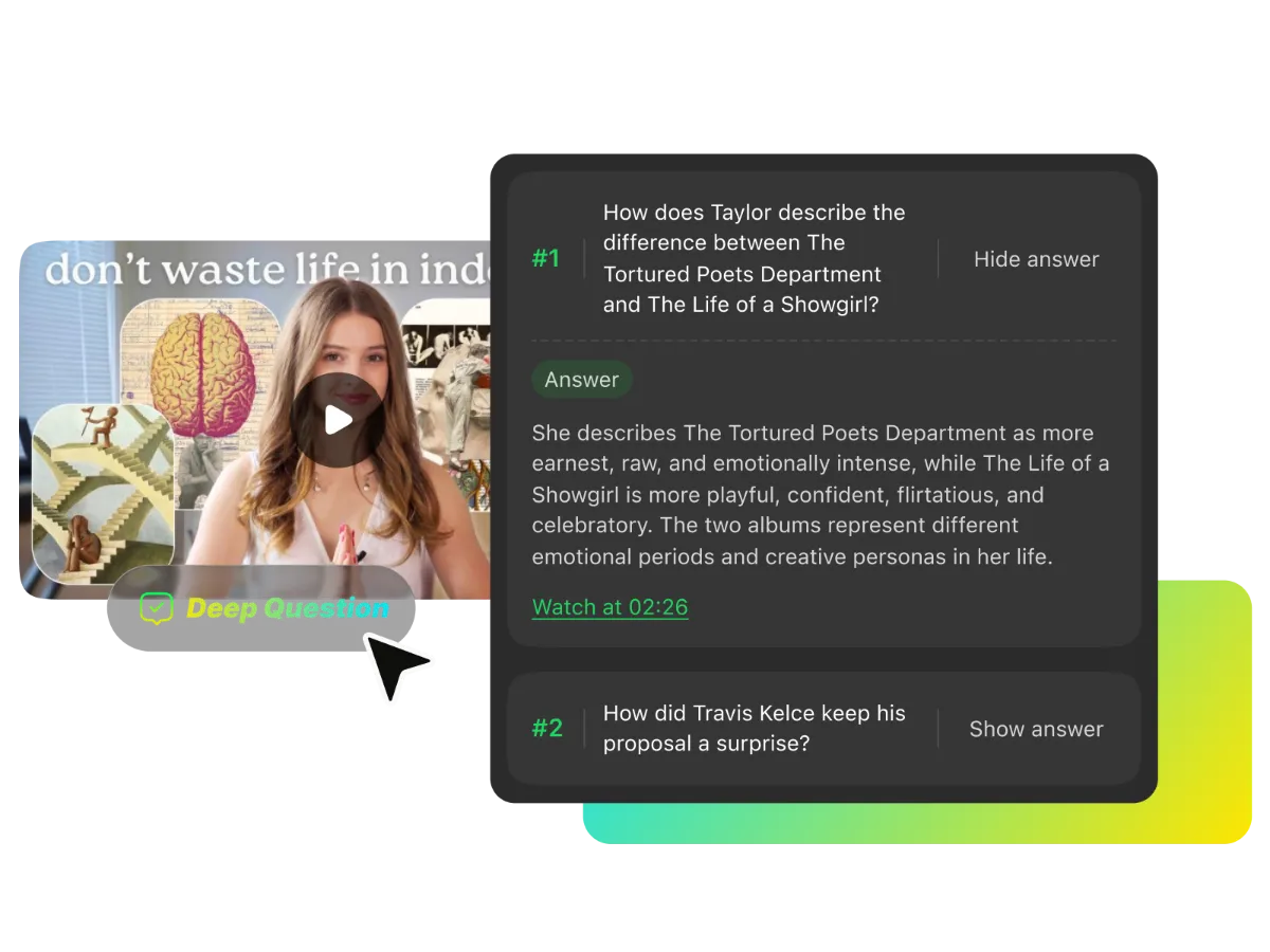 AI-generated key questions with expandable answers about a video