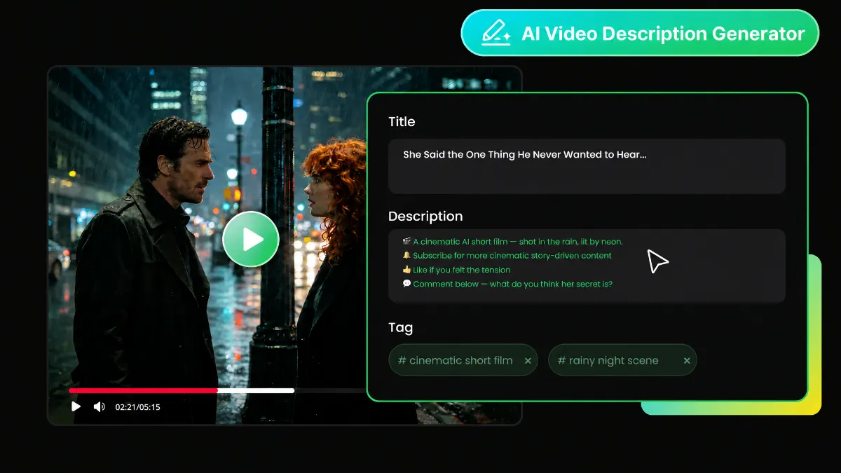 AI Facebook video description generator creating custom social metadata