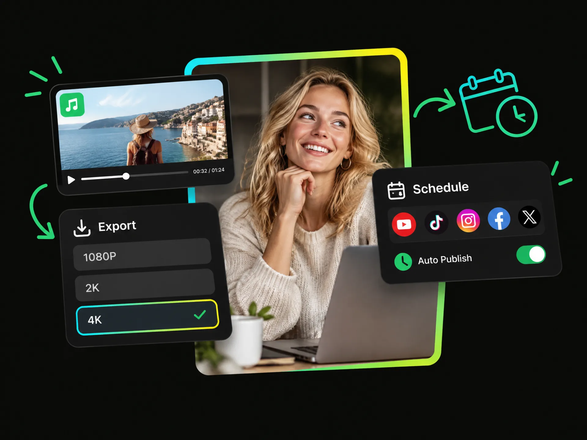 Add music to videos free and export finished videos with high-quality 1080P, 2K, or 4K resolution