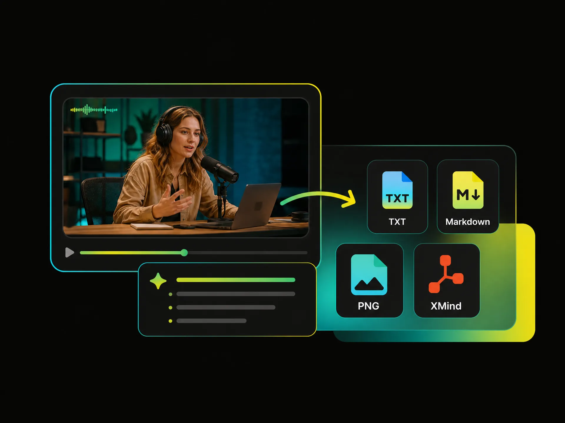 Video AI analyzer showing export options for TXT, Markdown, PNG, and XMind