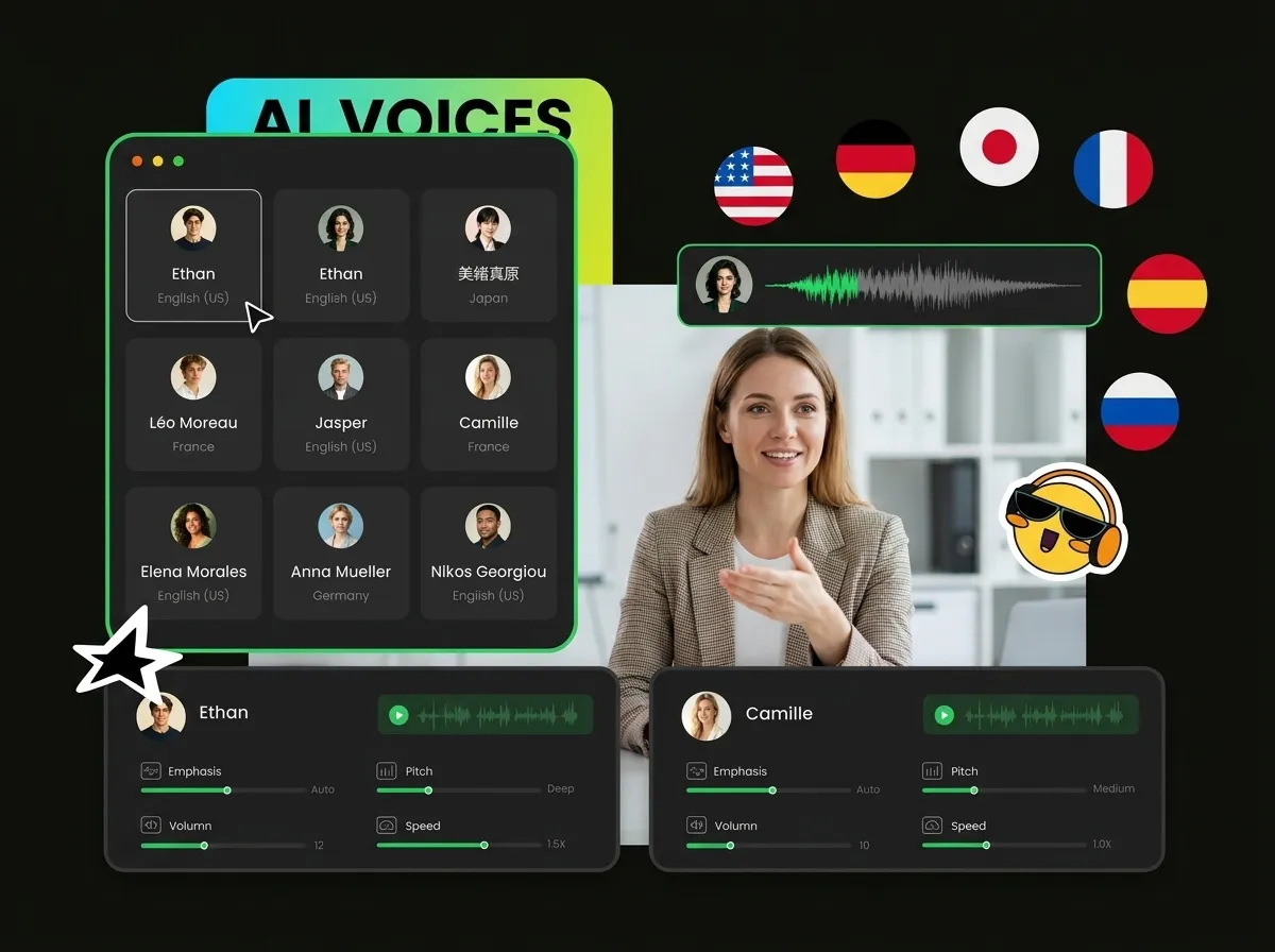 Video editor interface adding synchronized text captions and voiceover using AI hook creator for TikTok