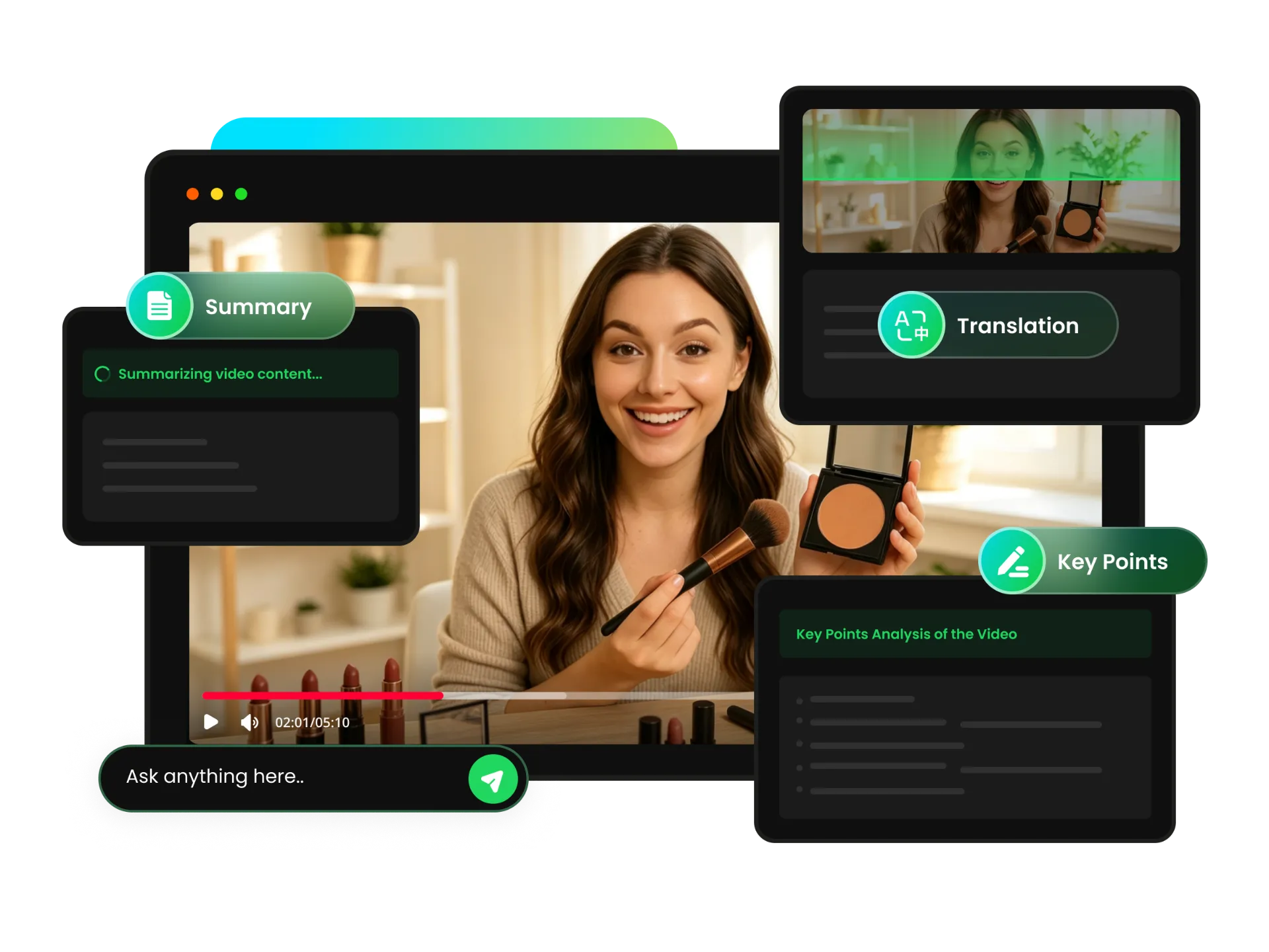 quick action buttons for summarizing translating and exporting a video chat