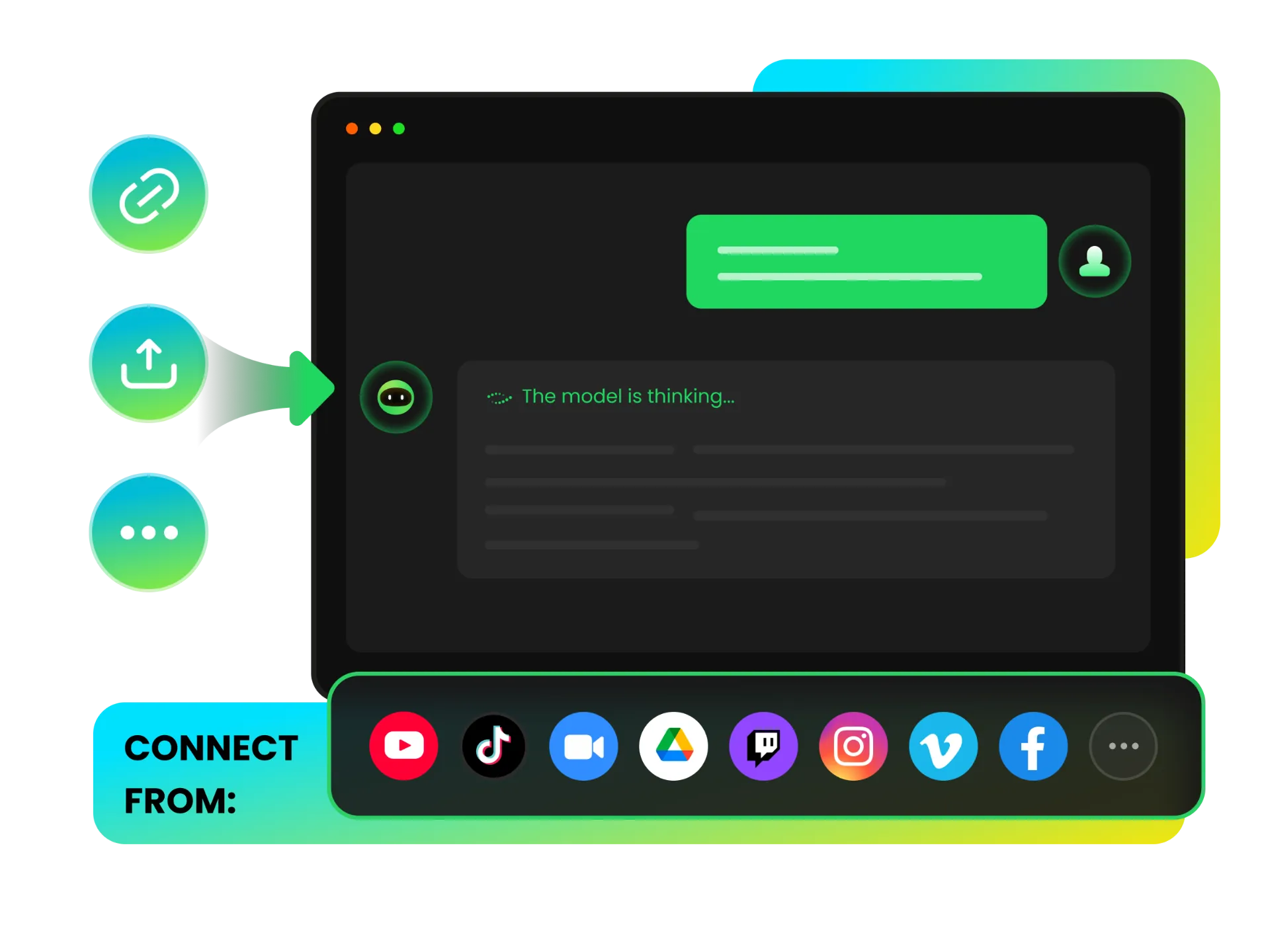 logos of youtube google drive zoom twitch kick tiktok facebook instagram rumble vimeo and dailymotion supported by the ai chat tool