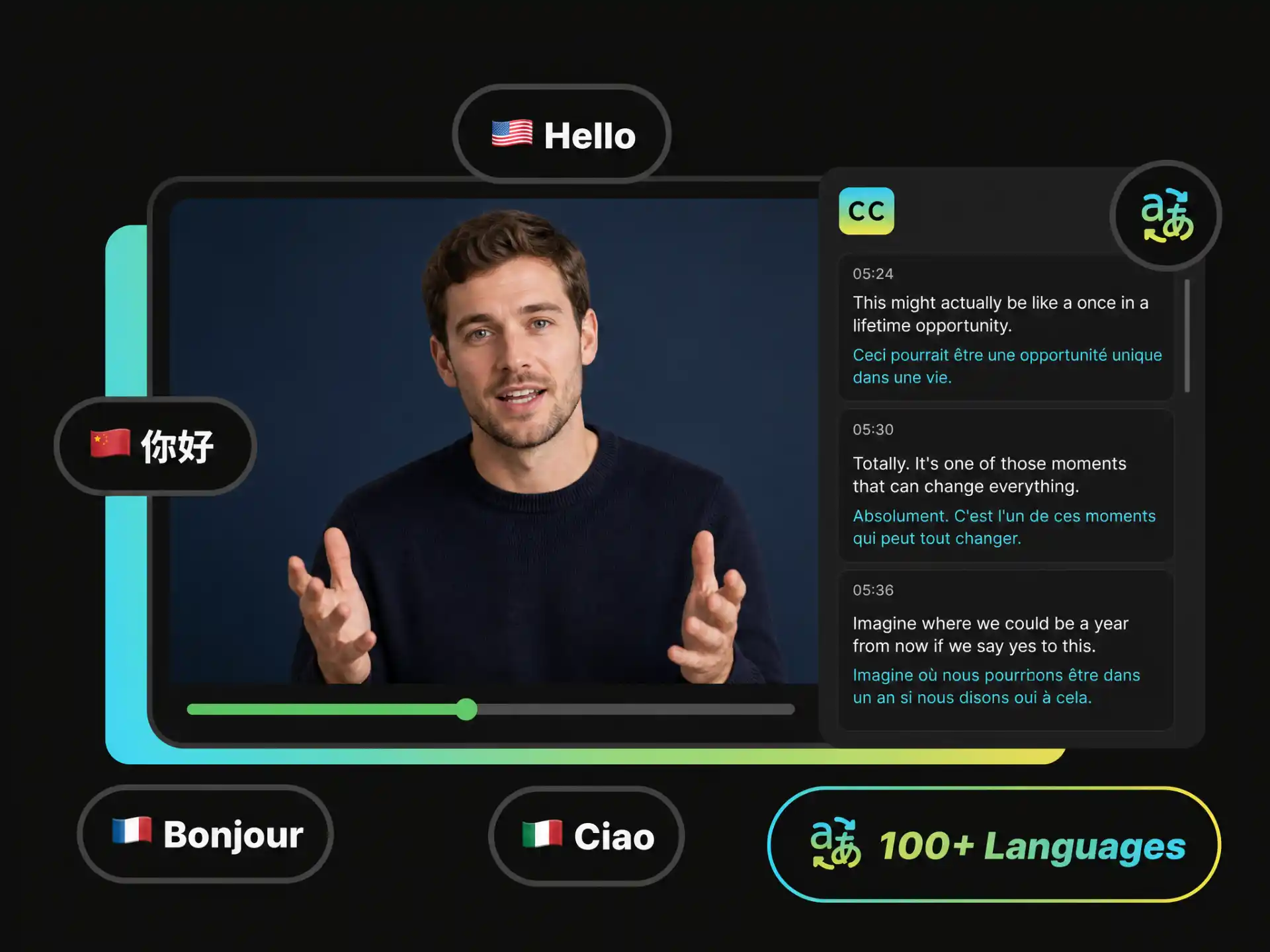 Bilingual subtitle translation with original and translated subtitles displayed side-by-side