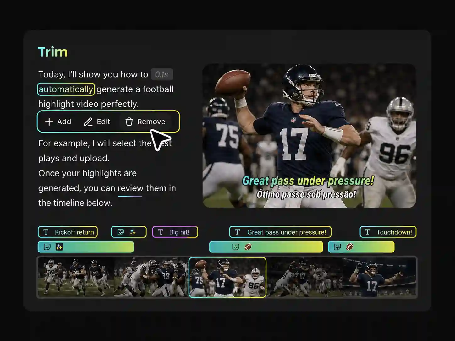 AI sports clip editor trimming videos via text transcript and adding subtitles