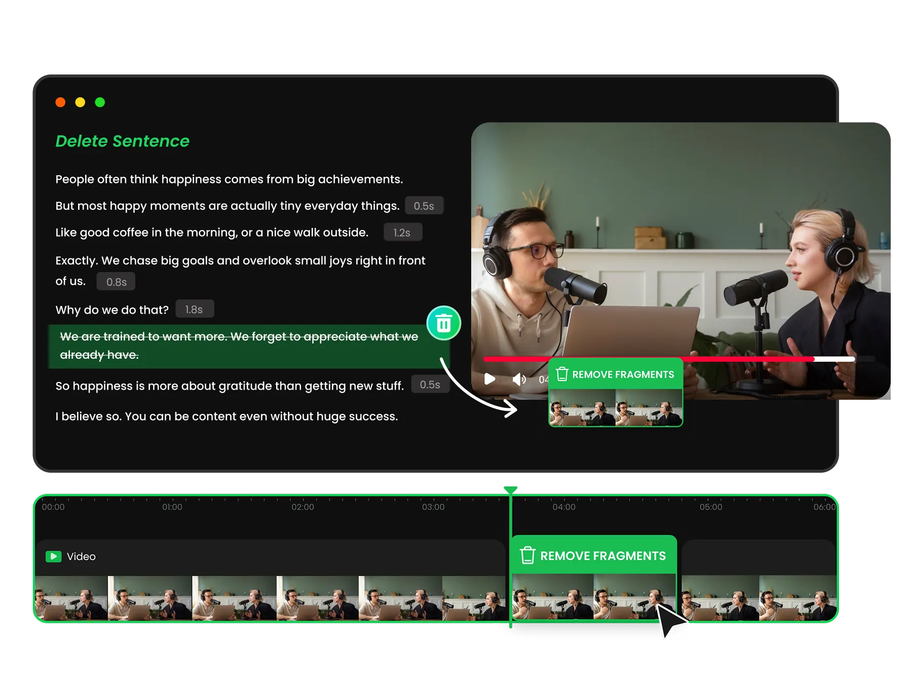 wayinvideo ai generating transcript text you can edit or remove to clip a youtube video