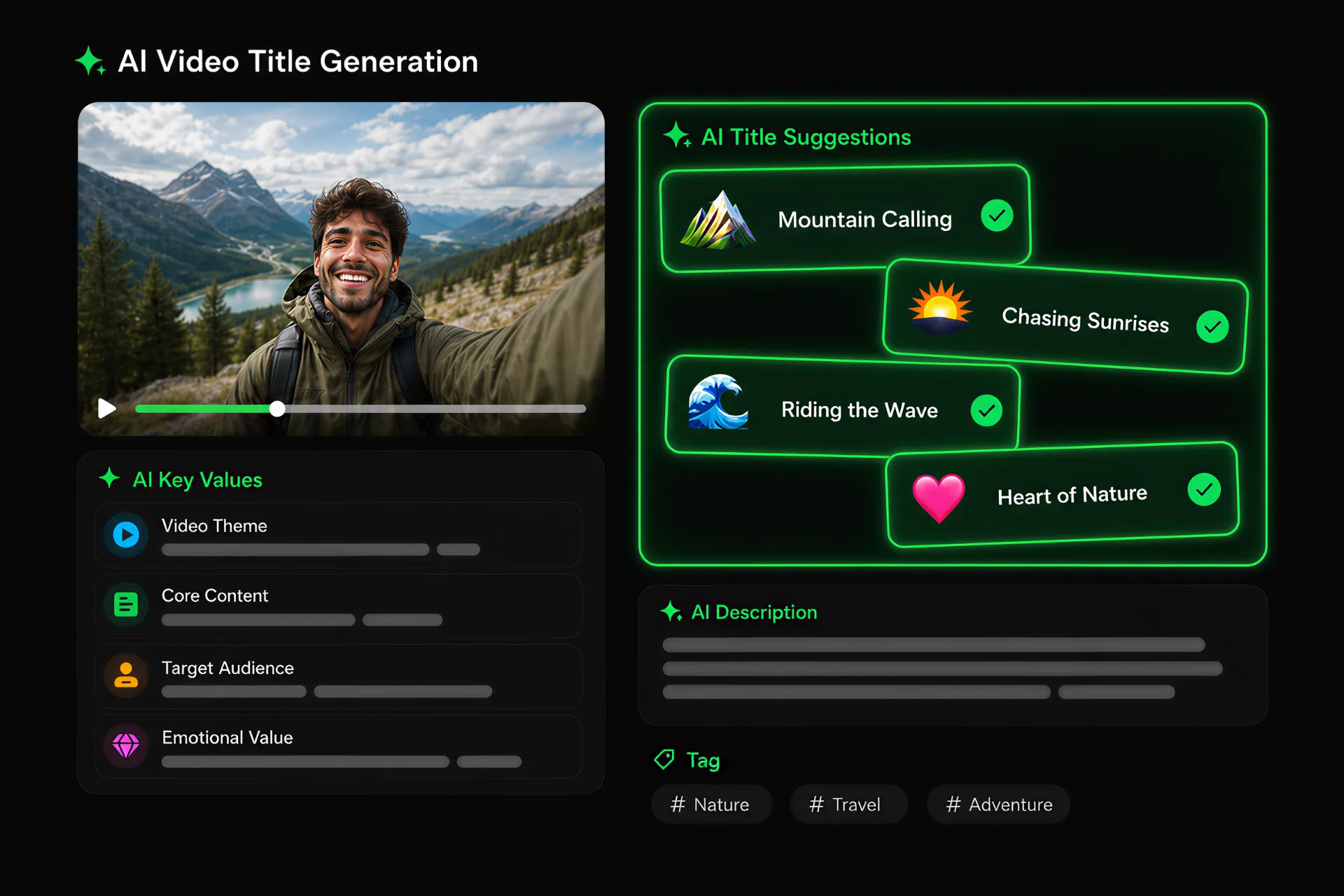 Facebook AI description generator interface with editable title, description, and category tag fields
