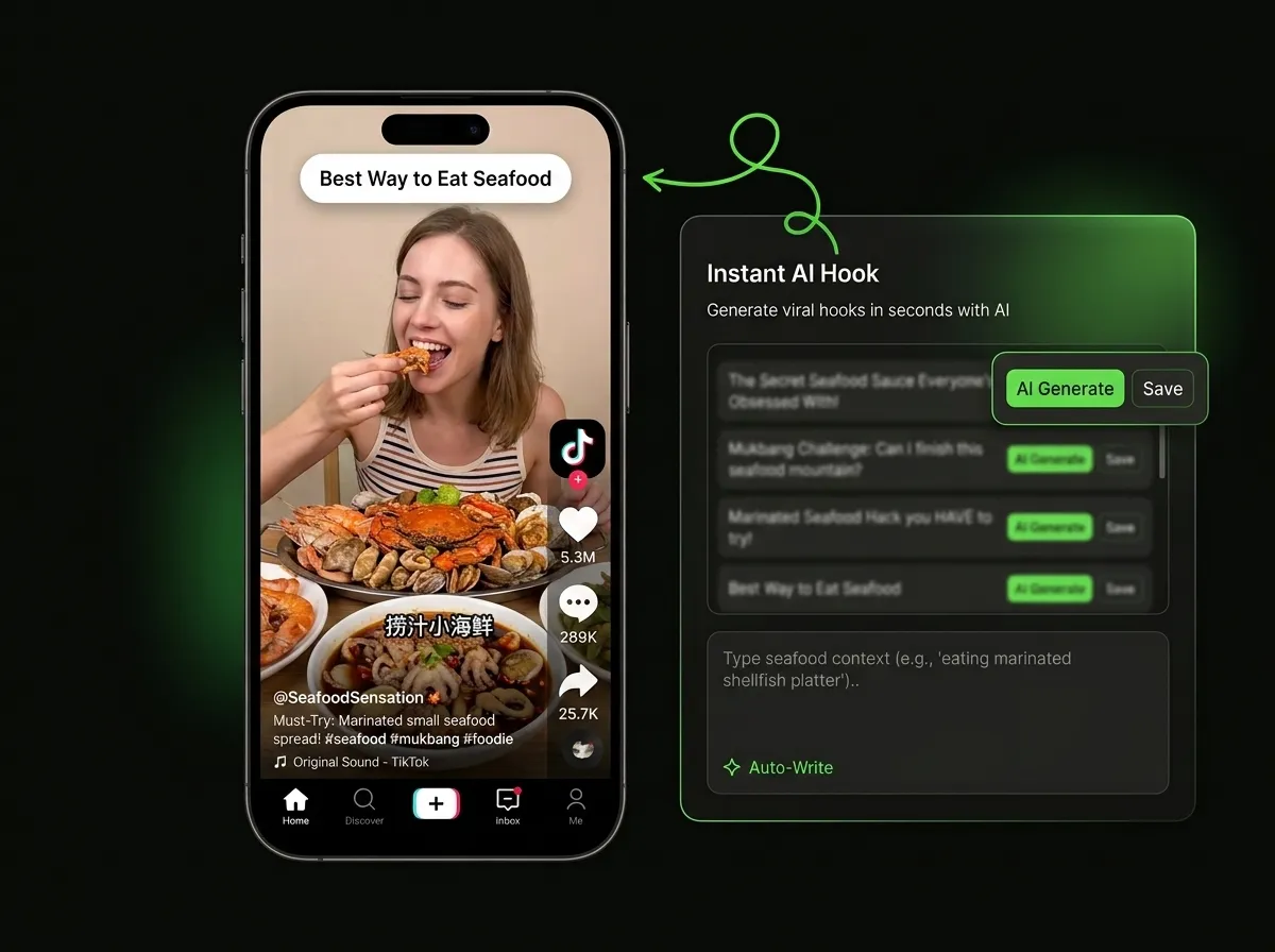 Video timeline showing an eye-catching opening created with AI-generated hooks from TikTok videos
