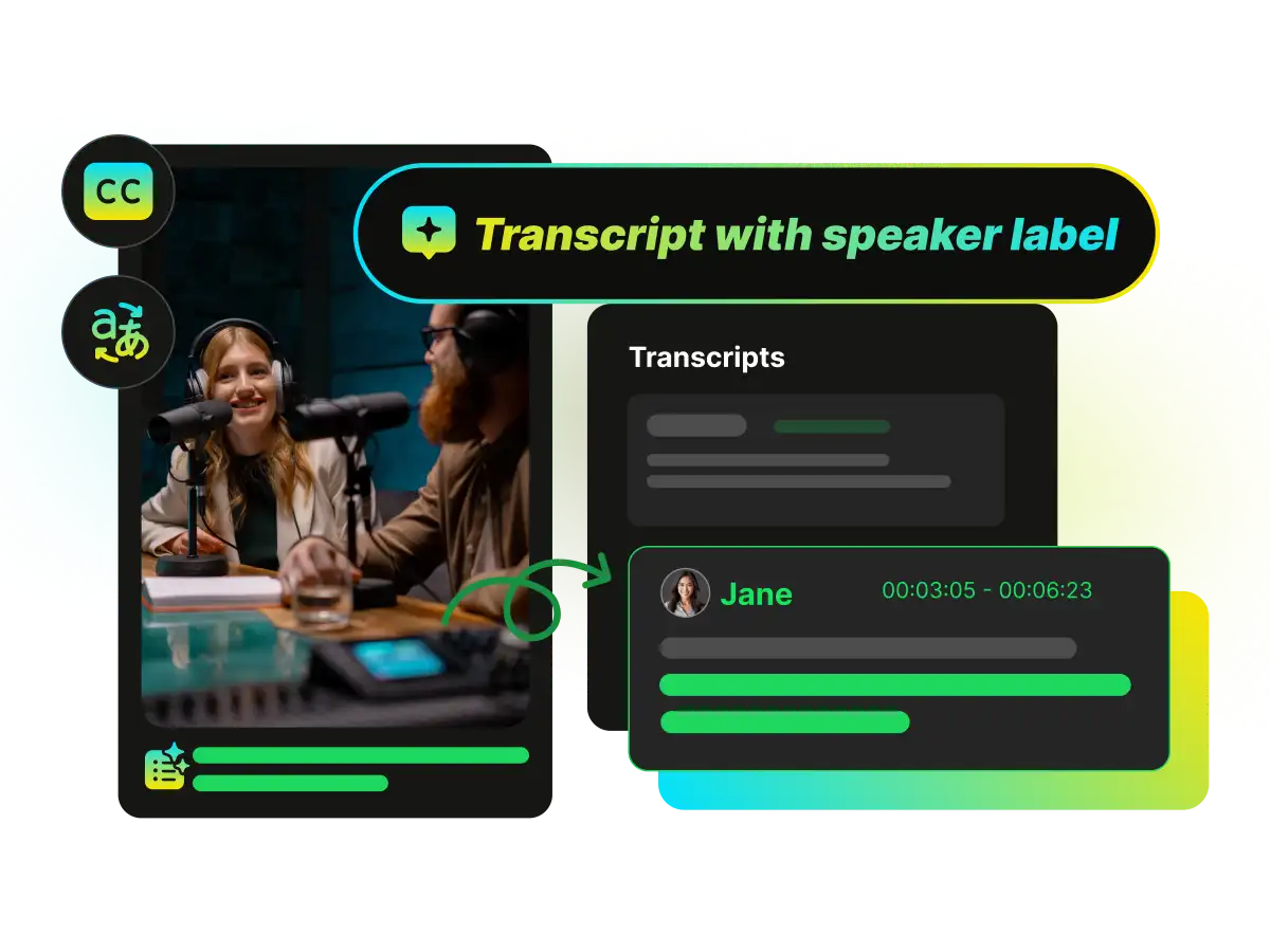 tiktok video to text transcription with speaker labels and clickable timestamps