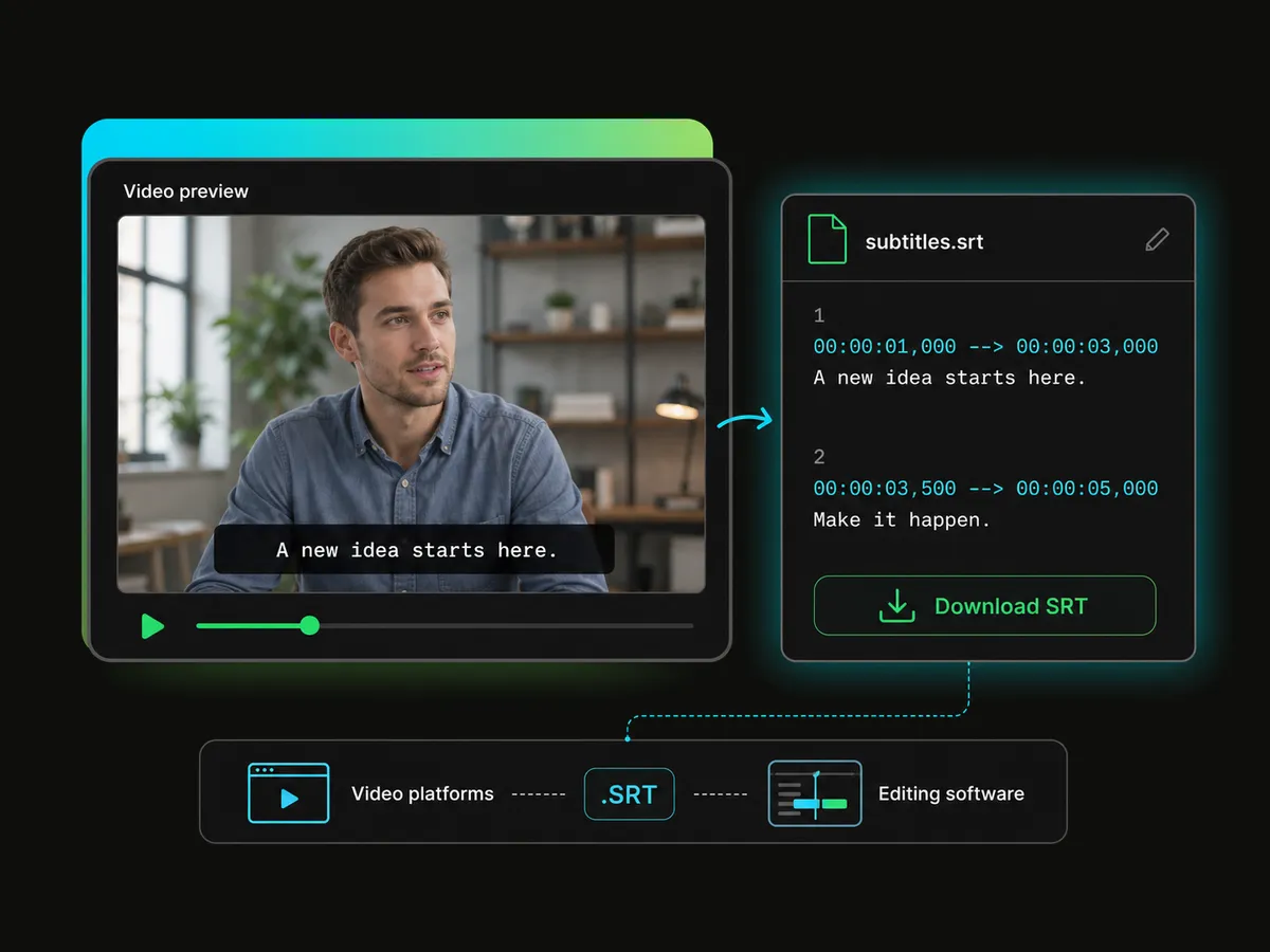 ai srt subtitle generator displaying video subtitles and srt download option