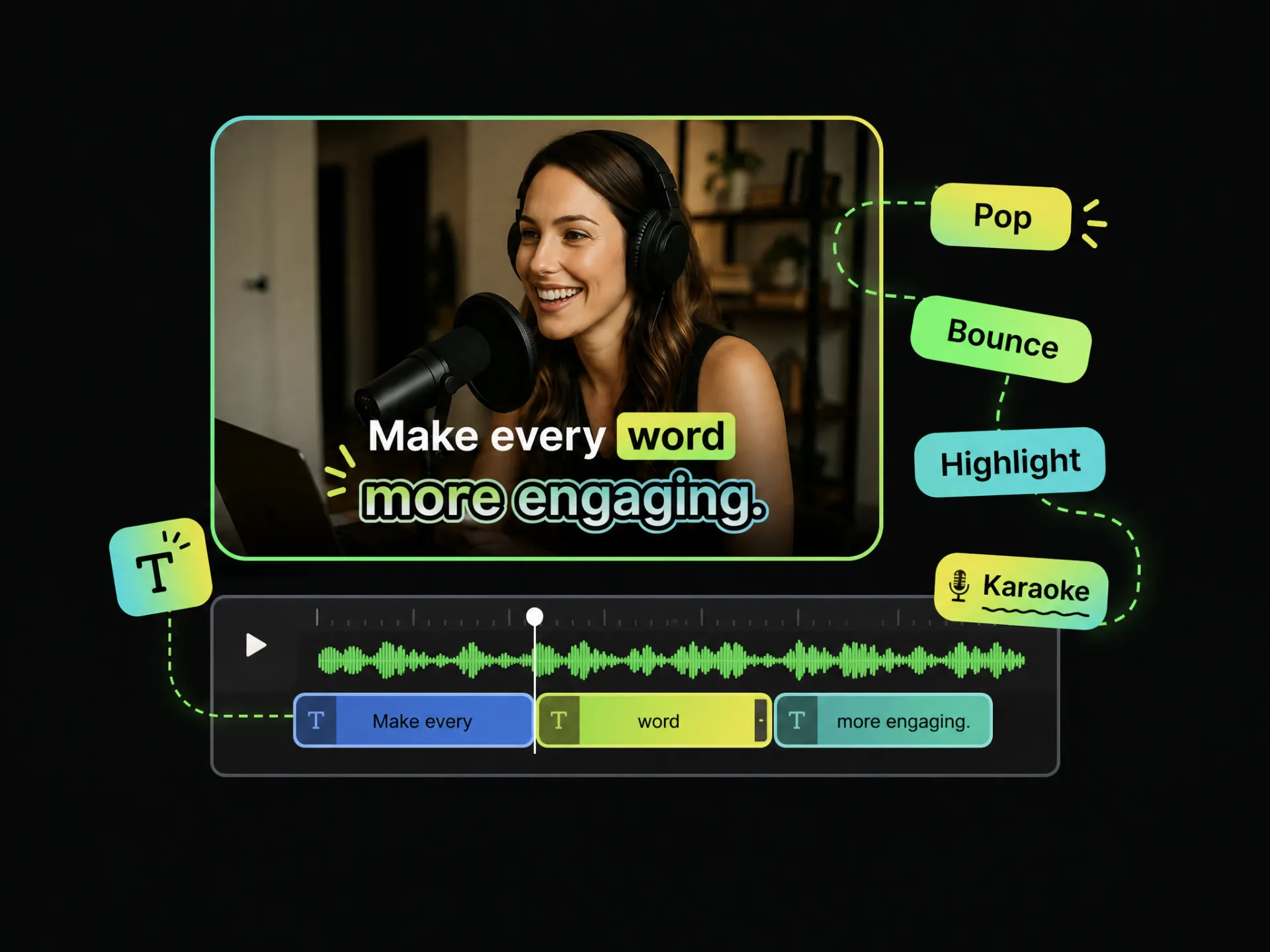 Video editor displaying animated subtitles with Pop, Bounce, Highlight, and Karaoke styles