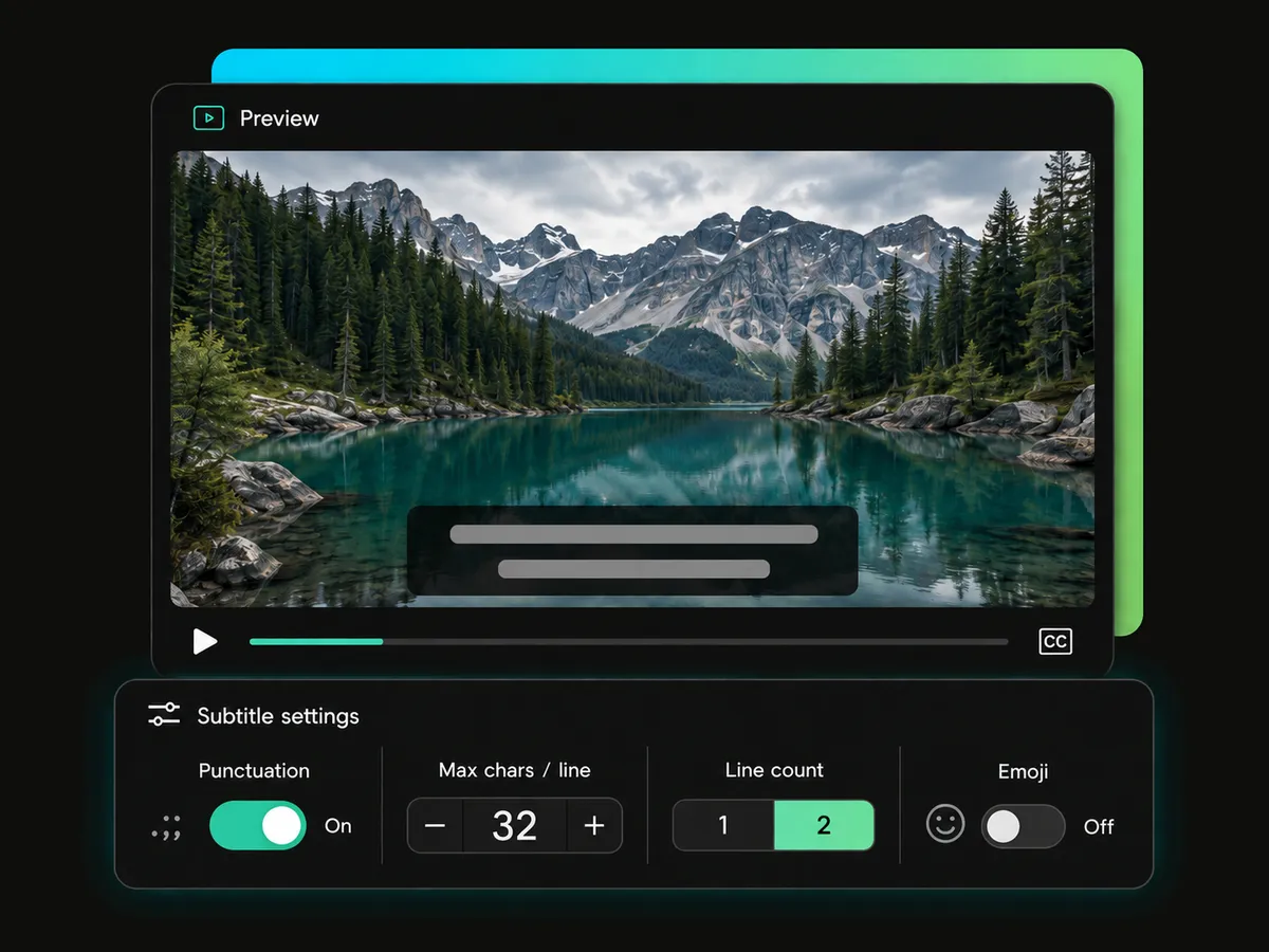 subtitle settings for punctuation, characters per line, line count, and emoji display