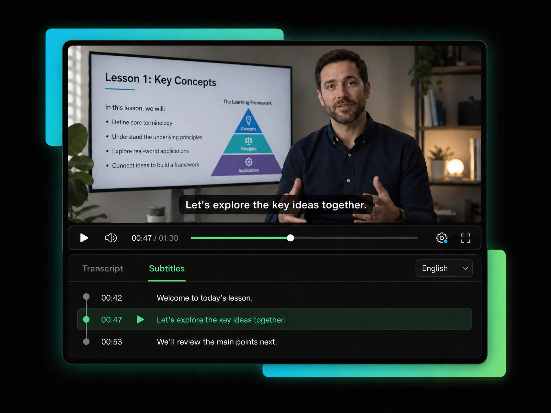 synchronized subtitles displayed alongside a vimeo video