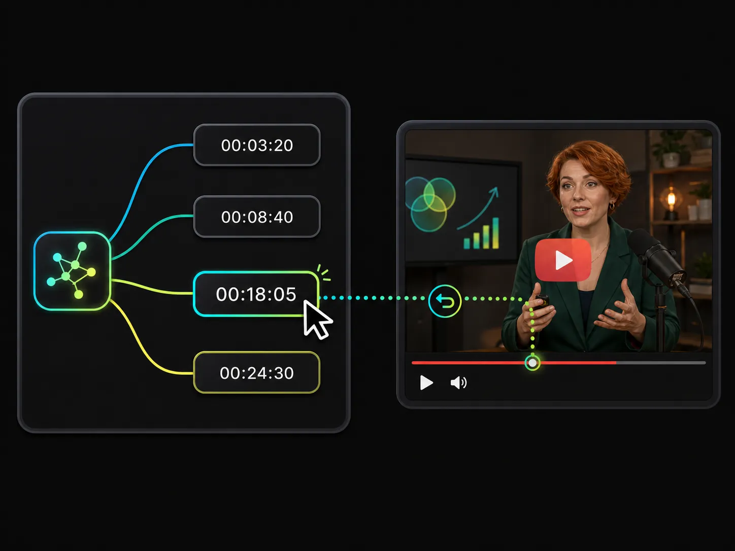 youtube video mind map with timestamps pointing back to that video source