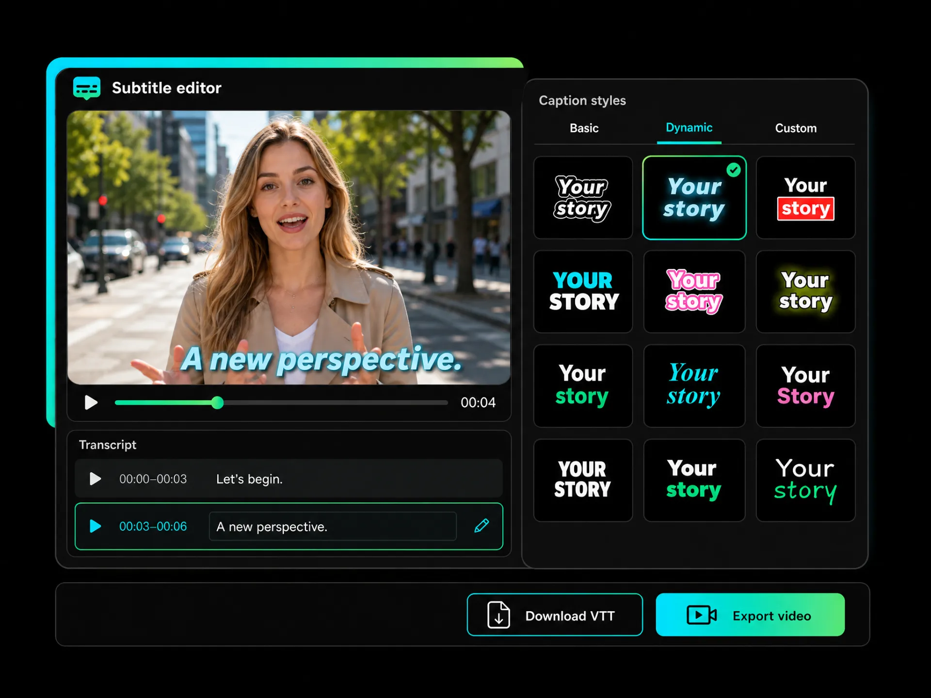 ai vtt subtitle generator with perfectly timed subtitles and a video preview