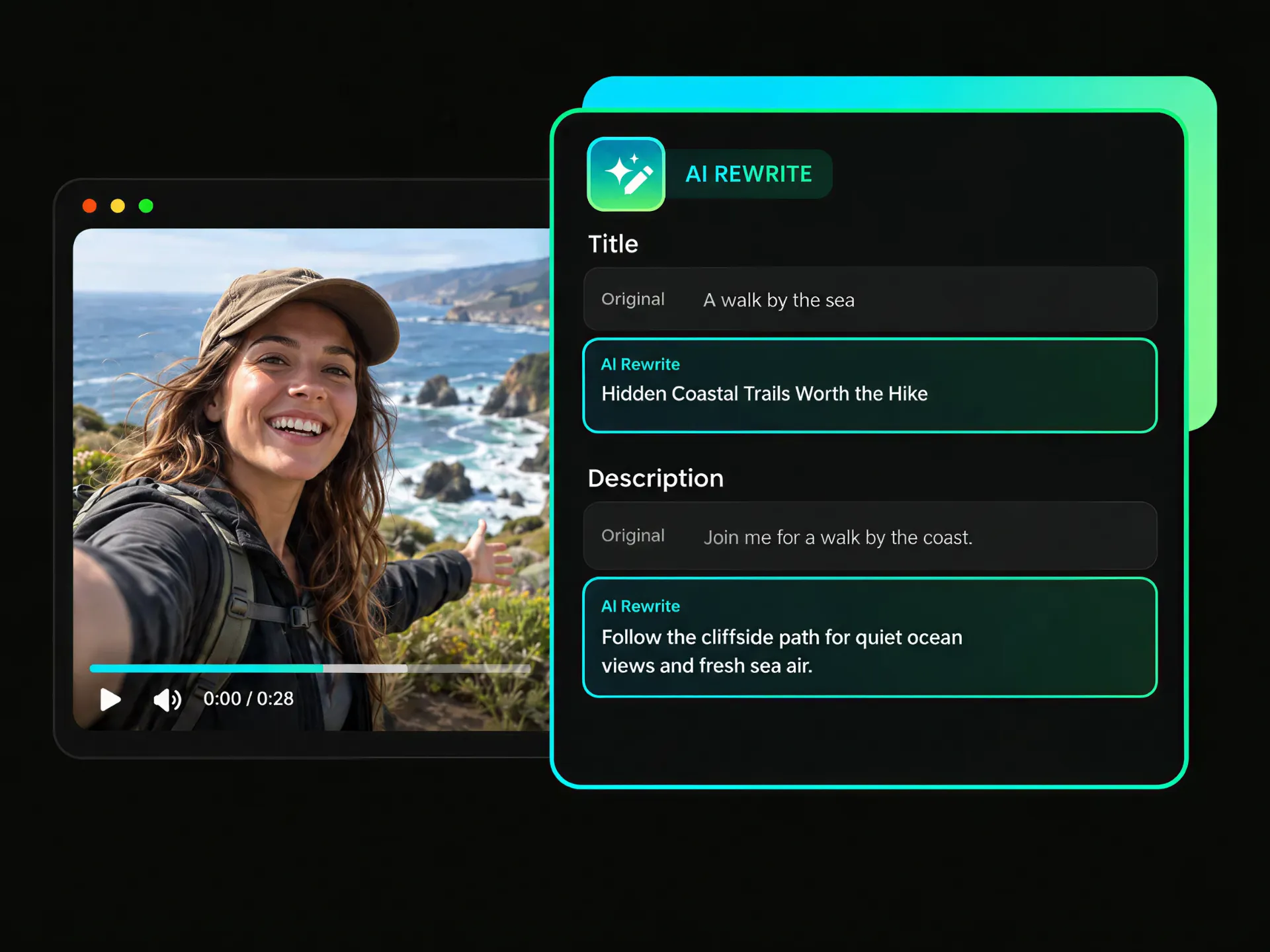 ai rewriting the title and description to make tiktok captions better fit users' channels