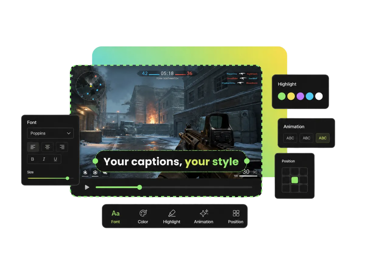 Animated subtitles editor with customizable font, color, highlight, animation, and position settings