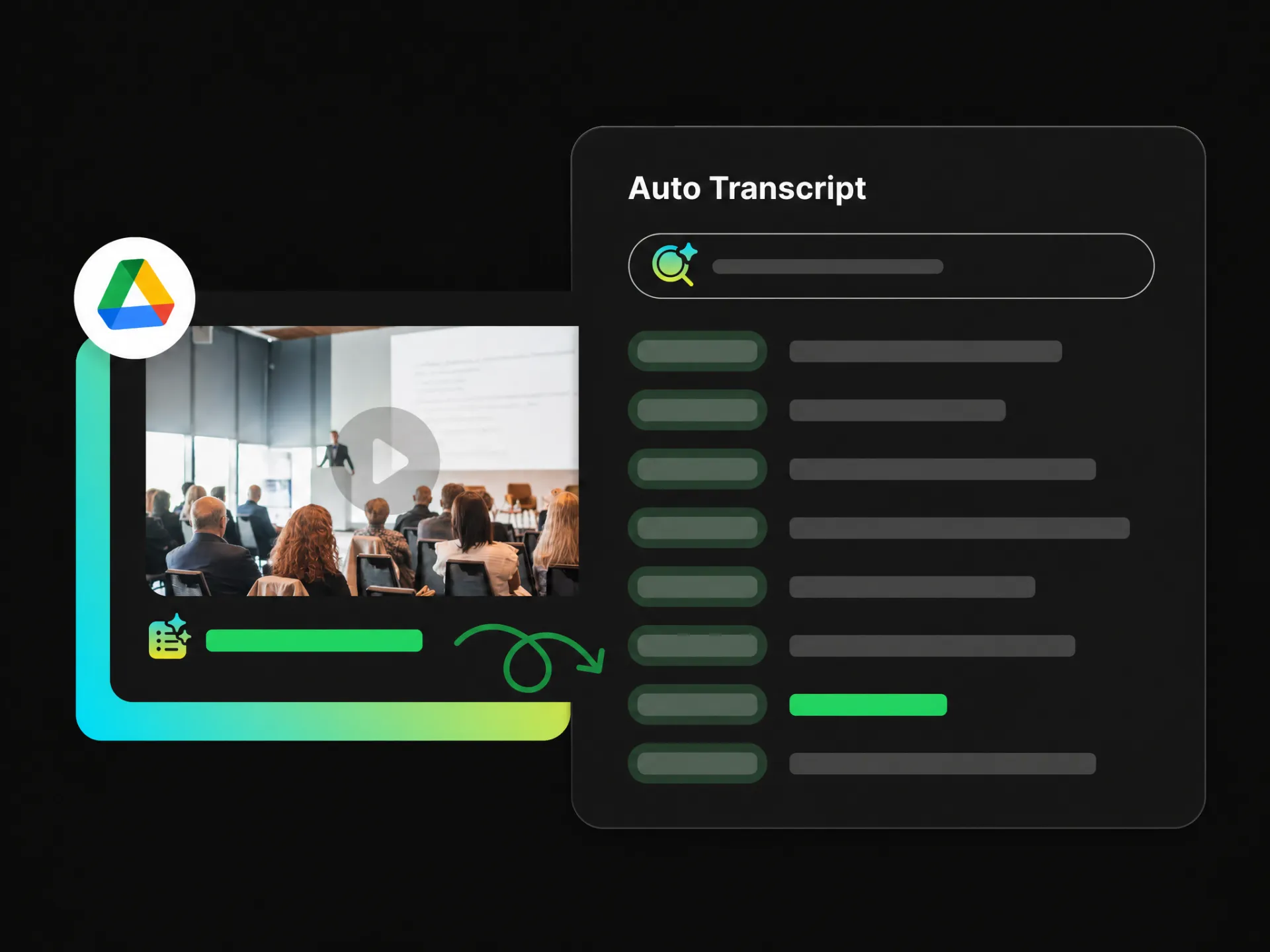 search within the google drive video to text converter to find a specific moment