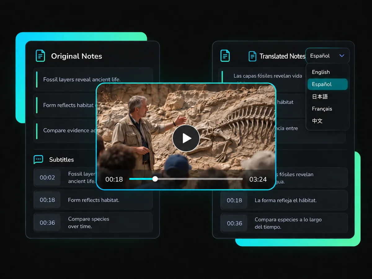 ai lecture notes and subtitles with output languages users can select