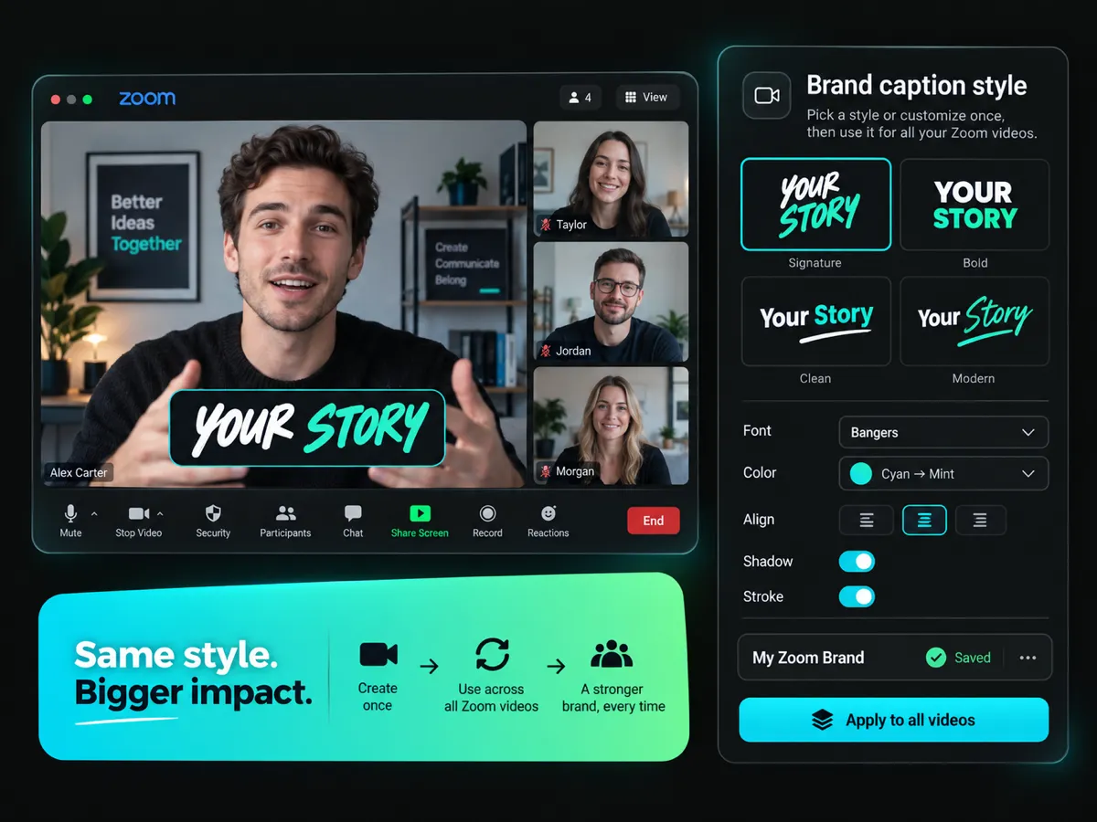 custom brand caption templates with multiple font styles for consistent zoom video branding