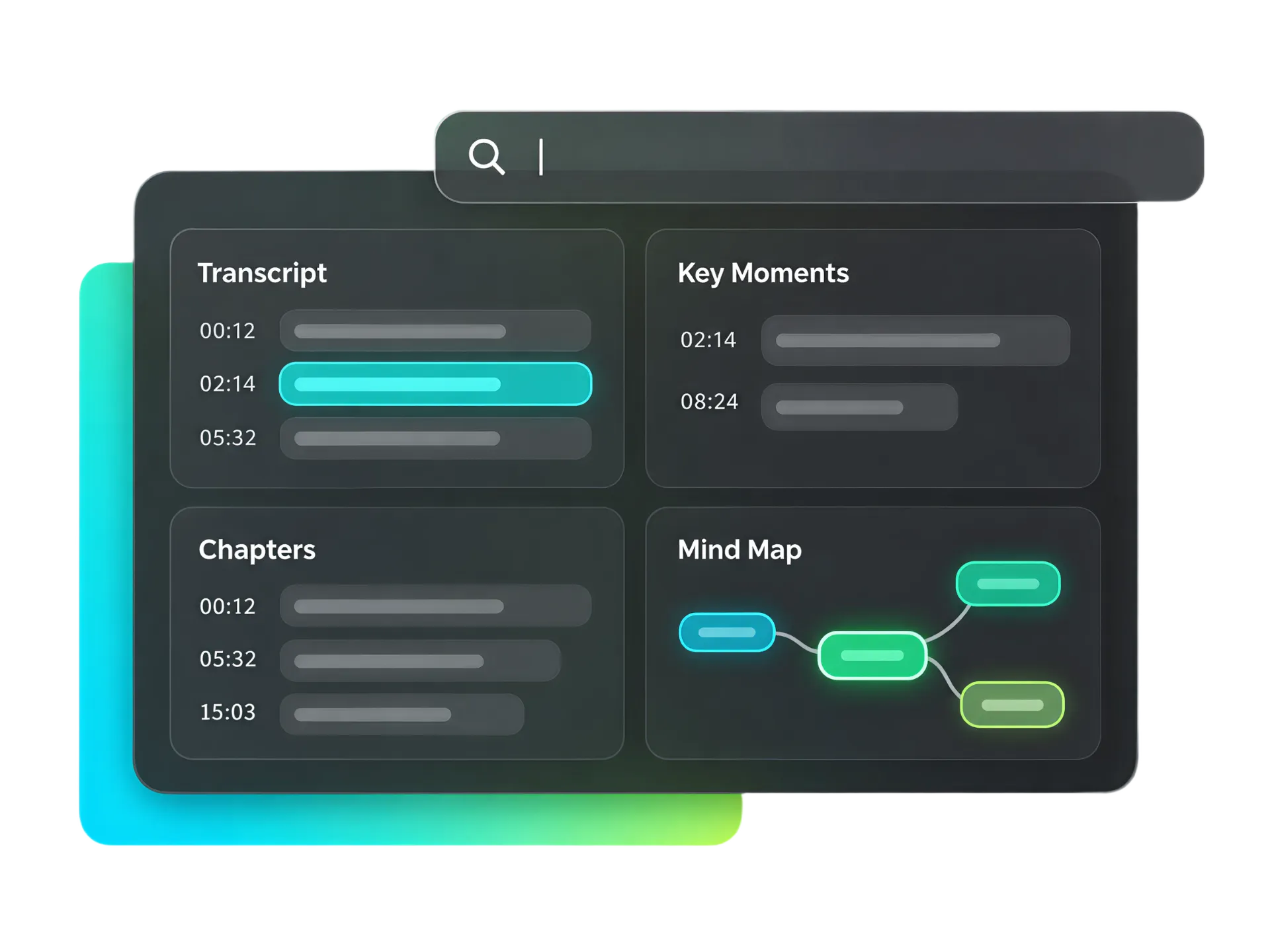 timestamped text from a video transcript, key moments, mind map, and chapters