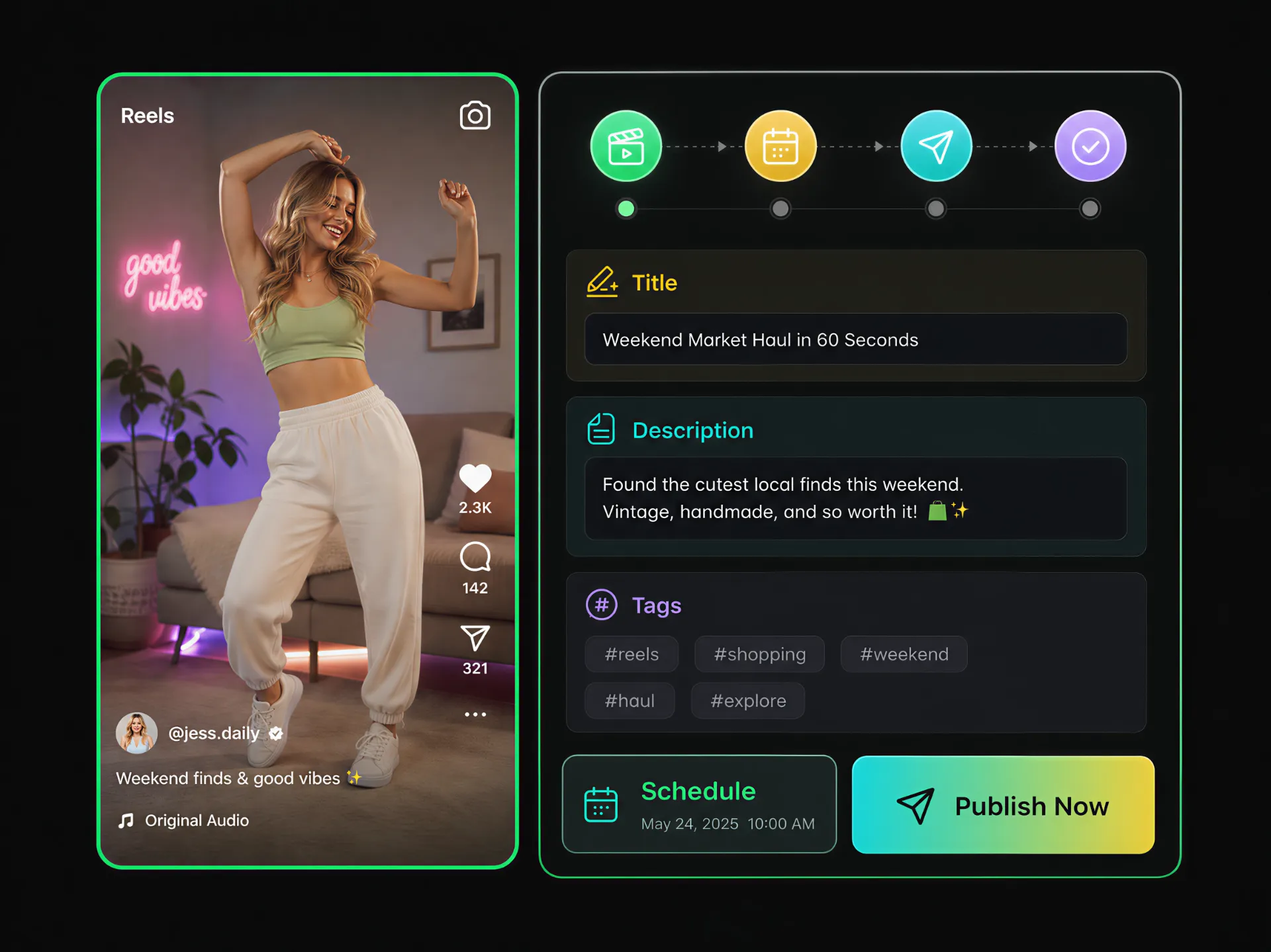 wayinvideo ai tool scheduling an instagram reel with title and video details