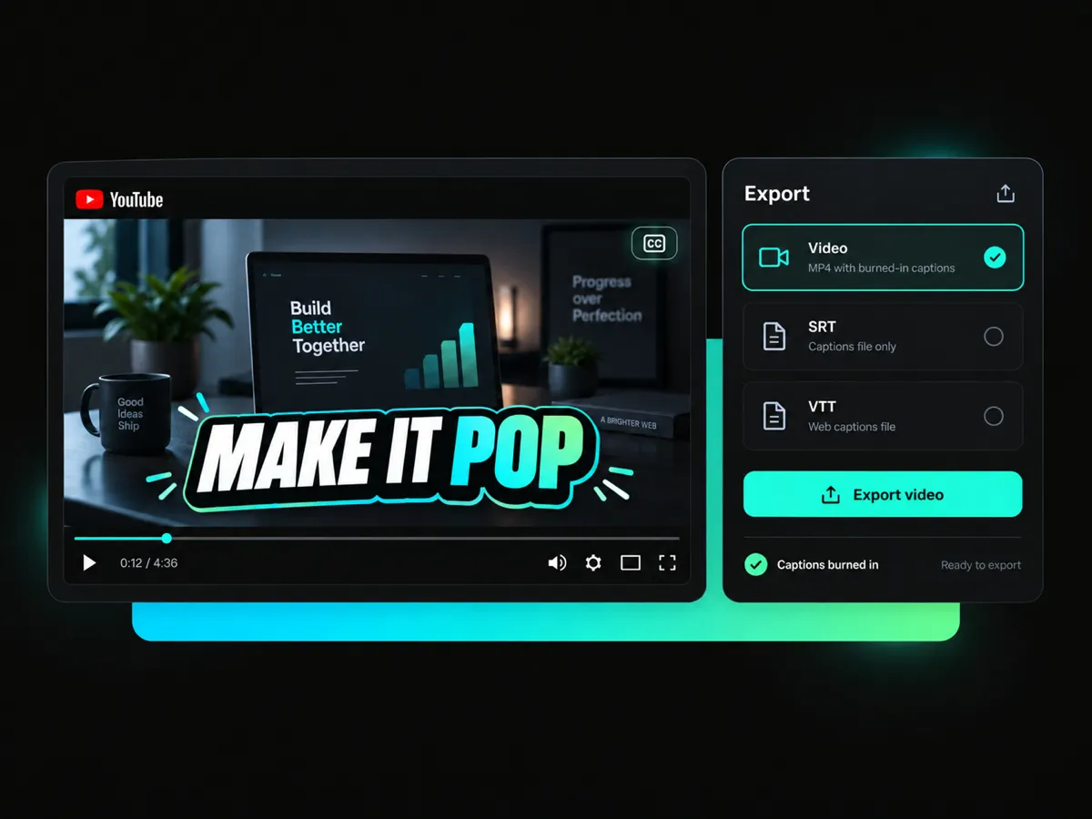 export settings for a youtube video with captions burned directly into the video frame