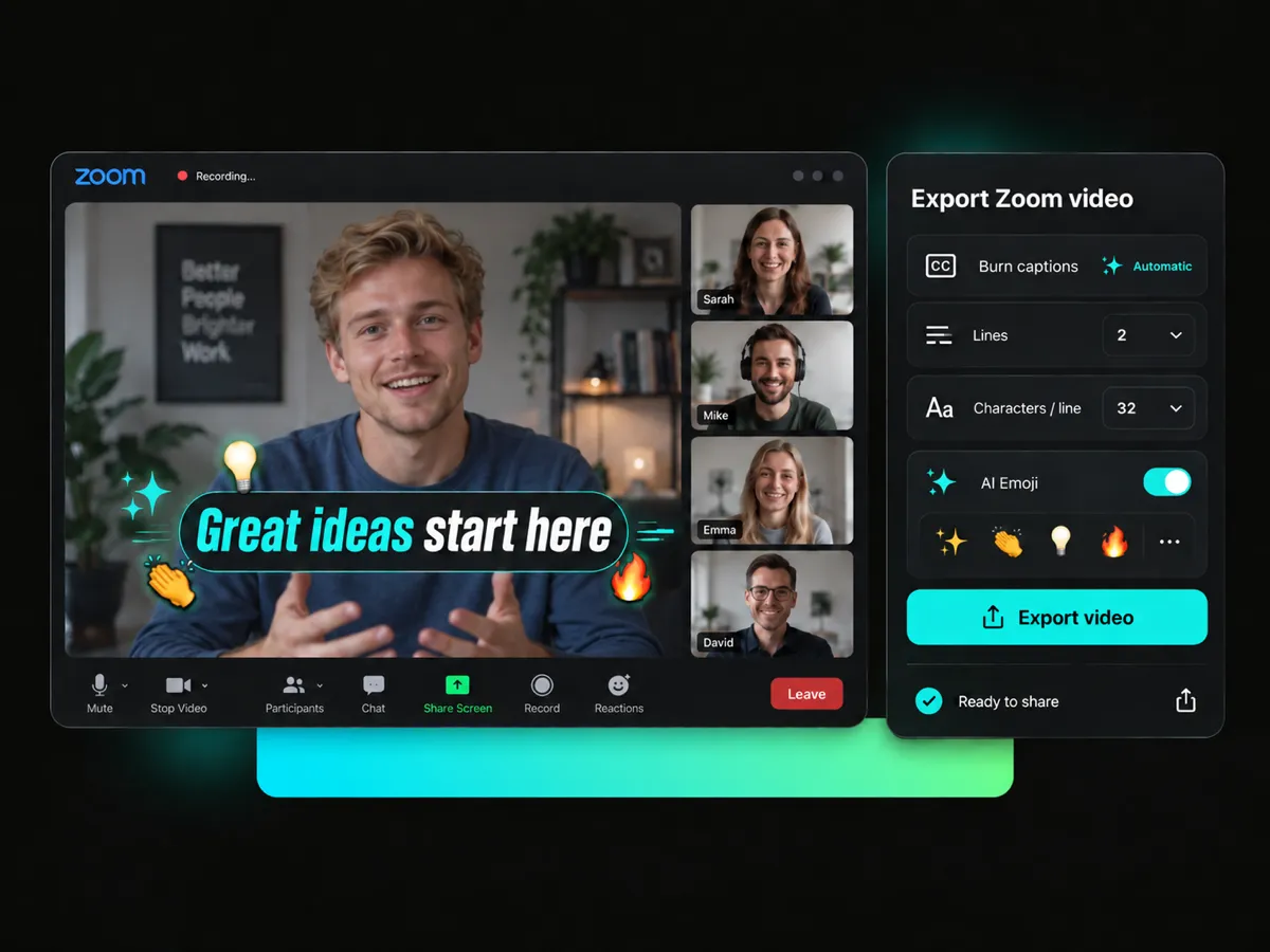 exporting a zoom recording with burned-in captions, ai emoji, and word-level settings