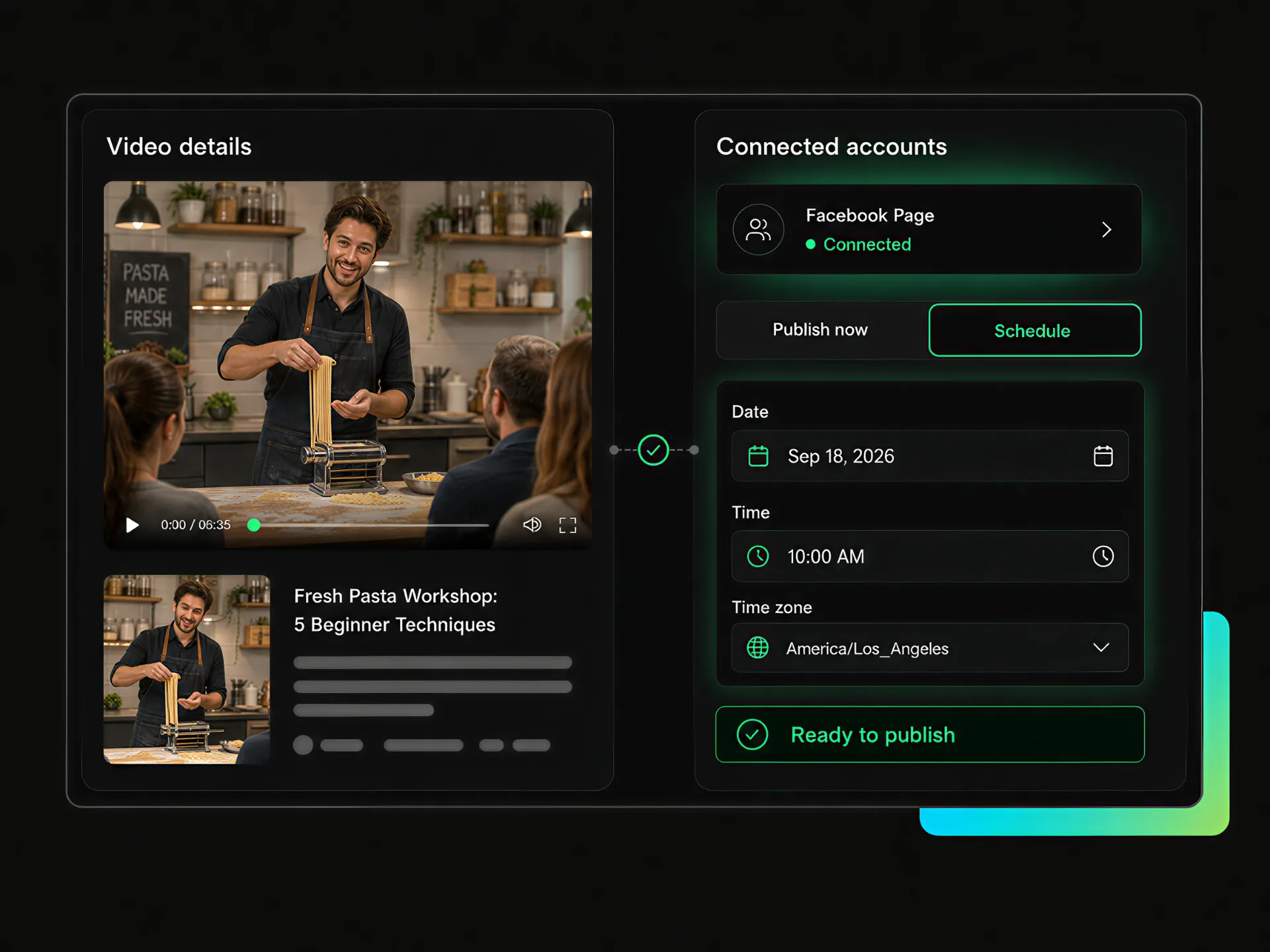 scheduling Facebook video posts and publishing content through connected social accounts