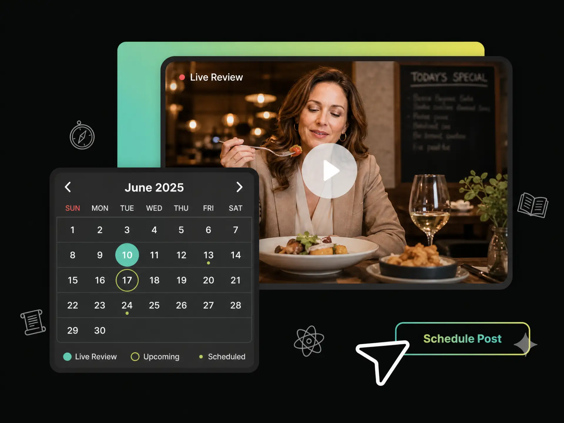 Food reviewer setting post times on YouTube video calendar