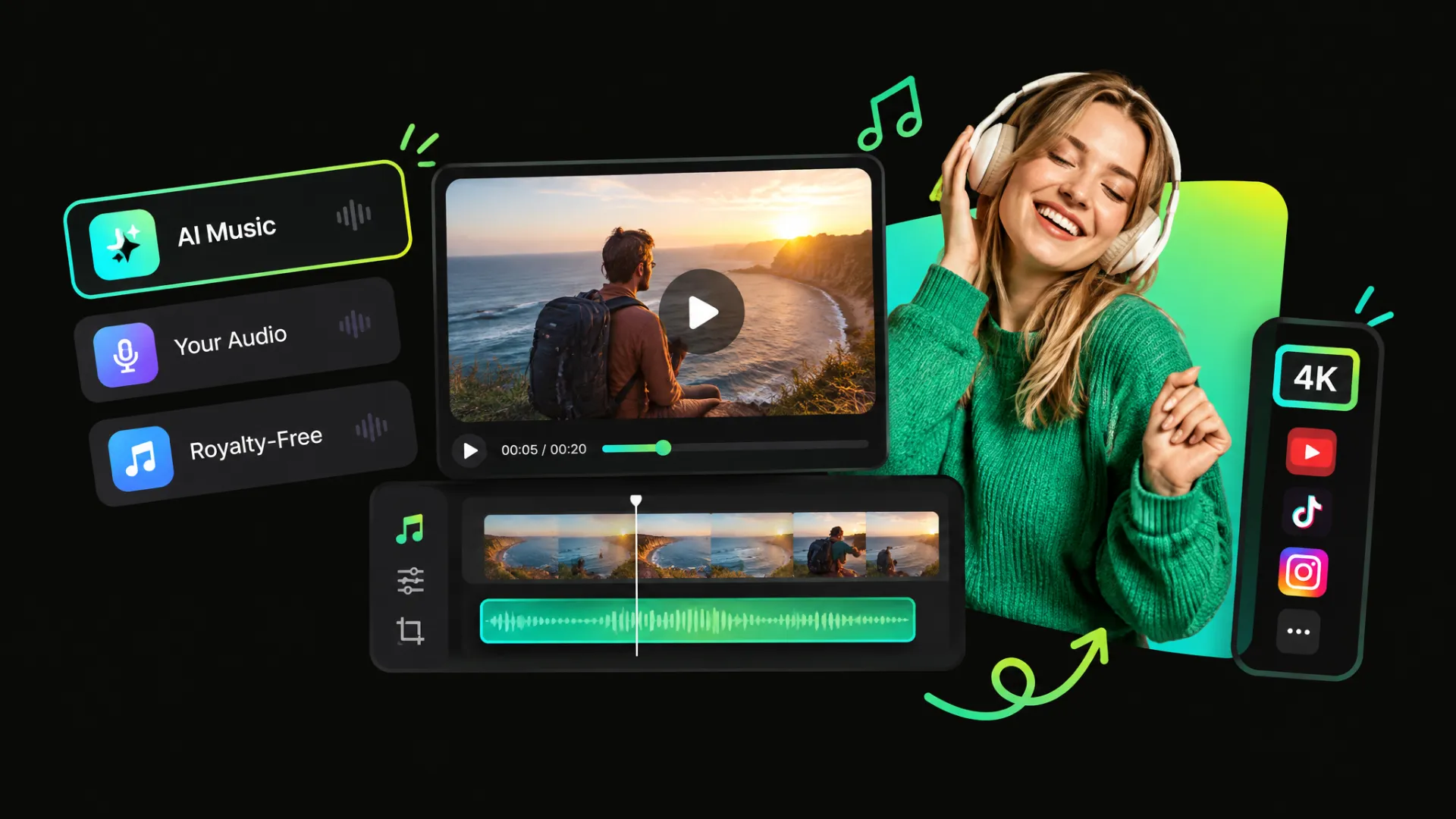 Add music to a video for free with AI-generated music, custom audio, and royalty-free tracks