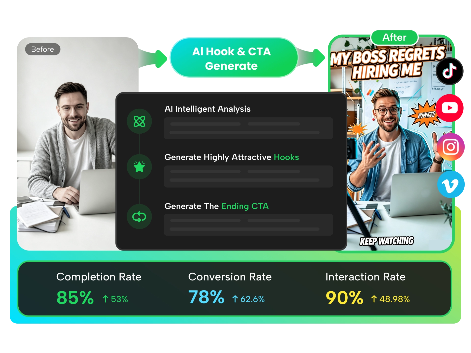 A viral hook generator interface for creating engaging video hooks and CTAs