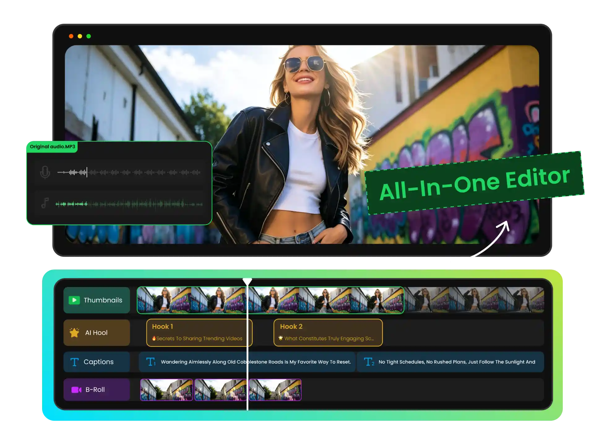interface for editing captions b-rolls and the first seconds of a YouTube hook