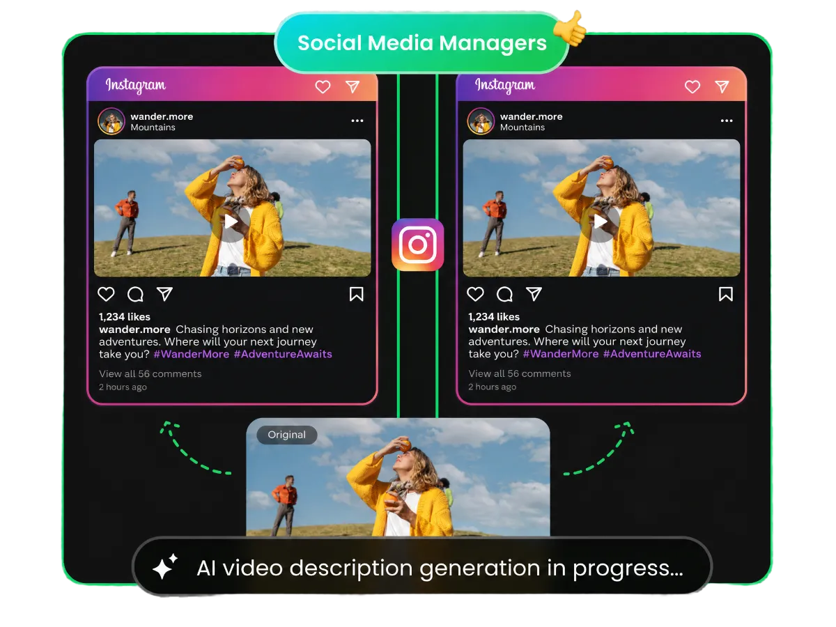 Social media marketer generating Instagram descriptions with AI tool