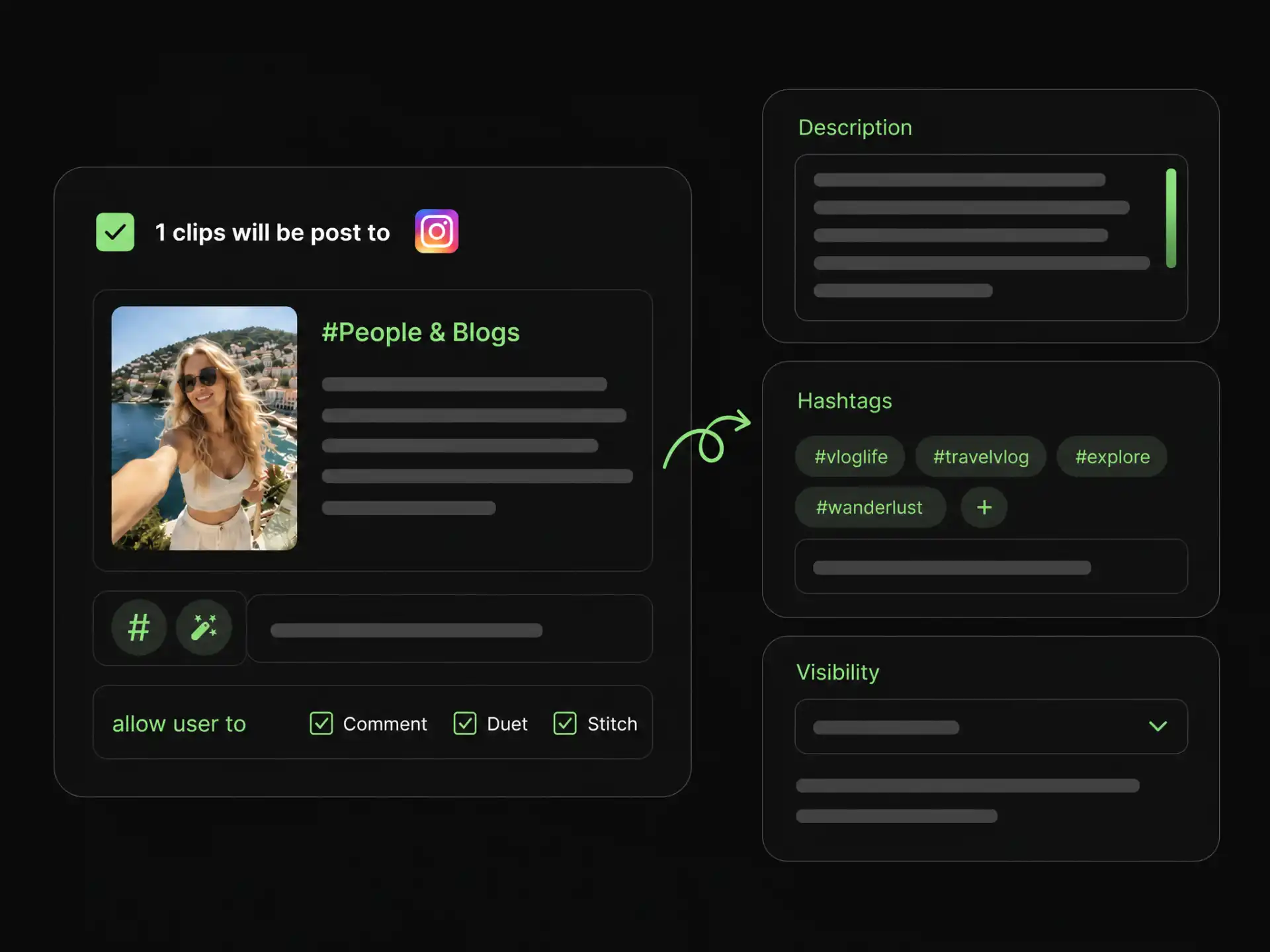 Scheduling Instagram hooks for Reels with customizable posting dates, time zones, and video resolution