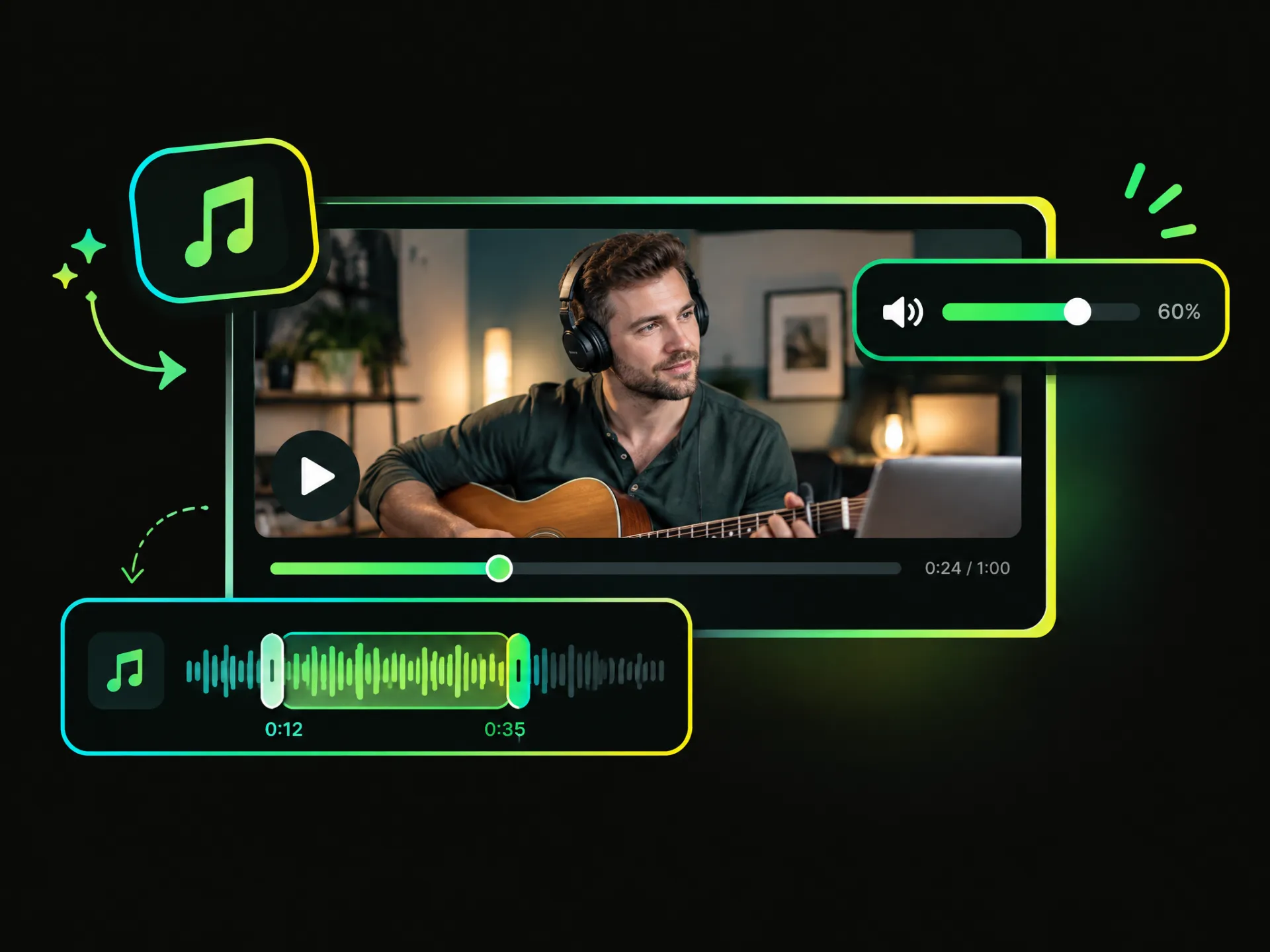 Add music to video online free with adjustable music length, trimming, and volume controls