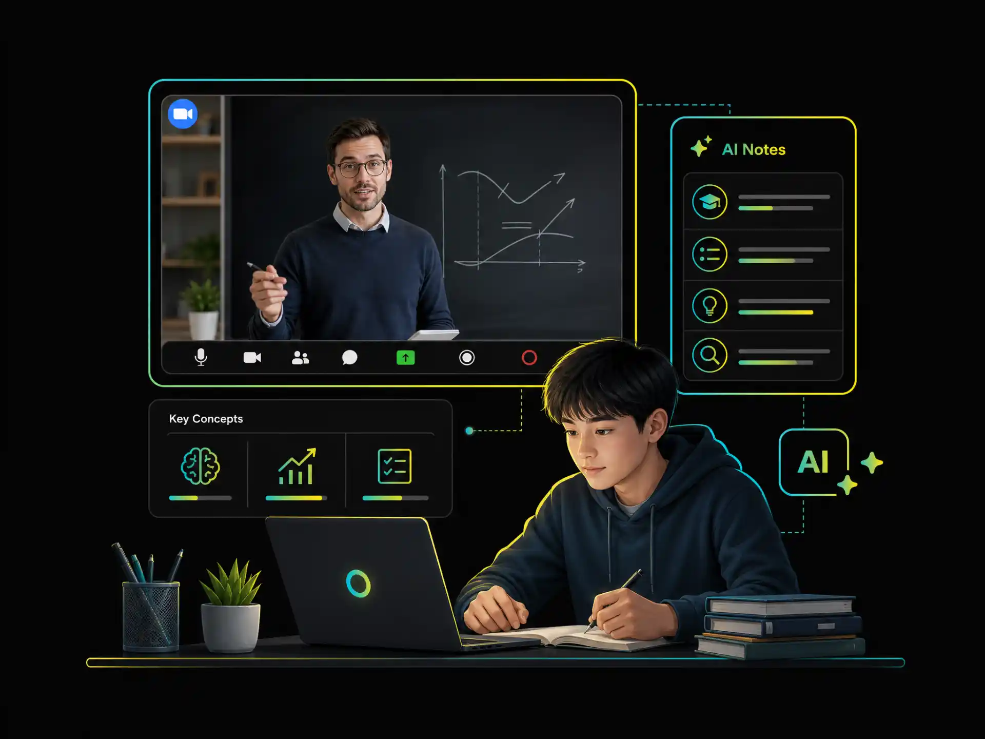 An AI YouTube note taker helping a student review course highlights