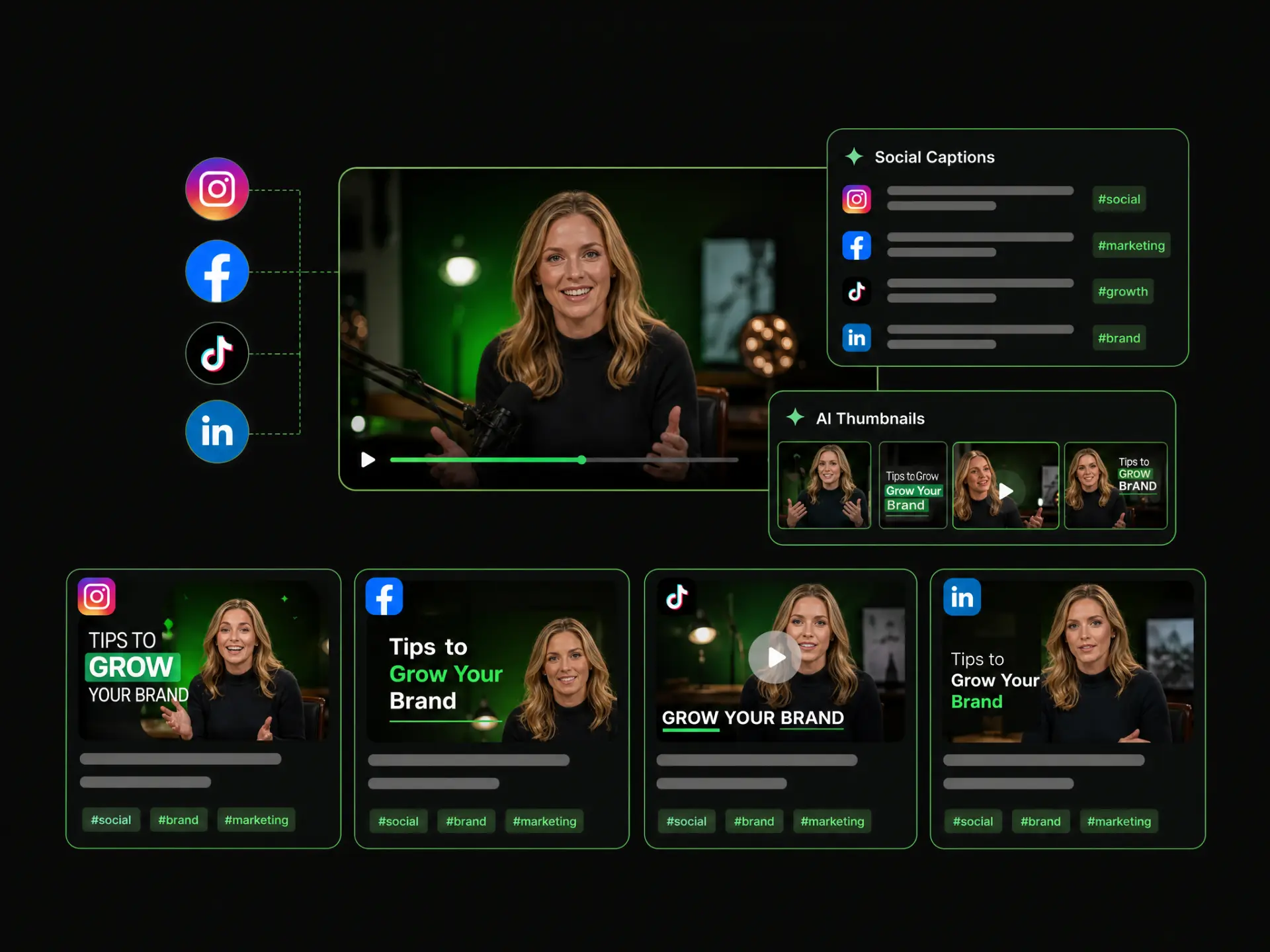 Free social media caption generator creating platform-specific titles, descriptions, tags, and AI thumbnails