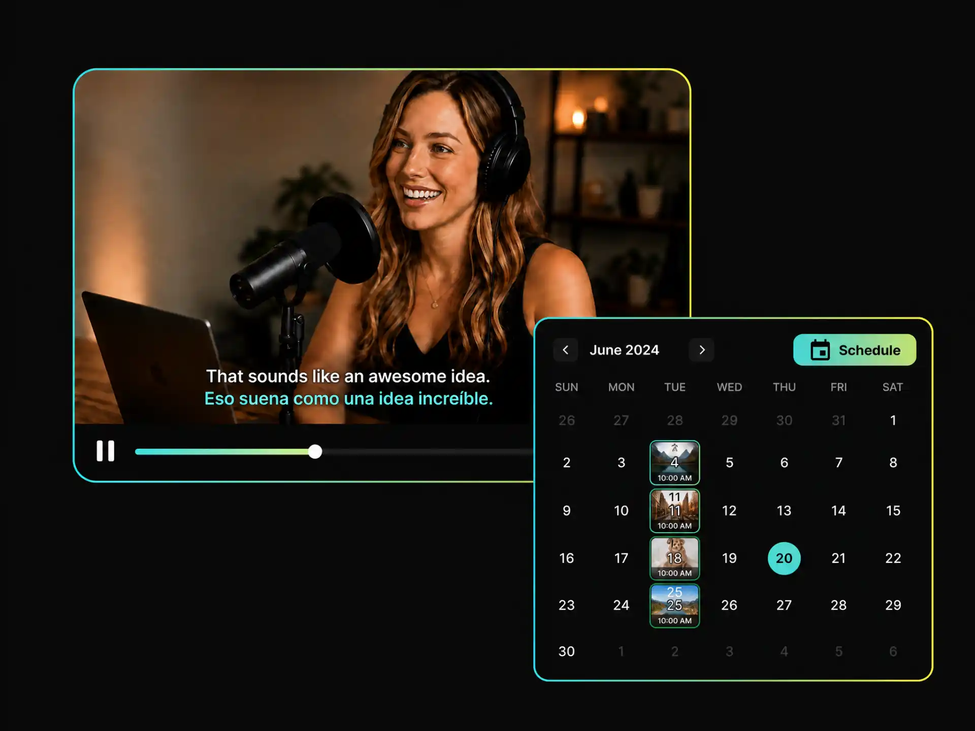 Visual content calendar for YouTube with precise scheduling settings