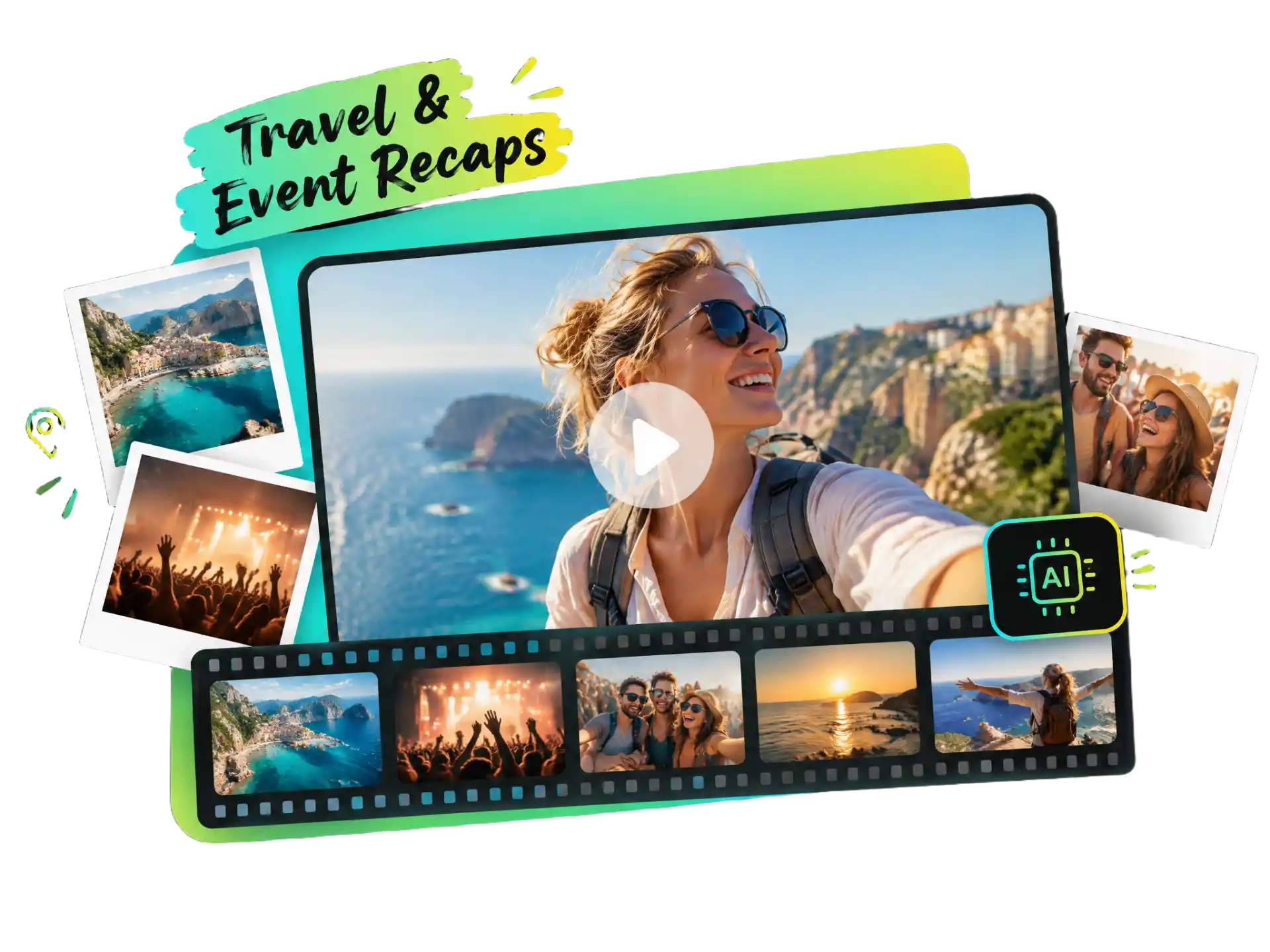 AI video maker free online combining travel clips and event highlights into a memorable video recap