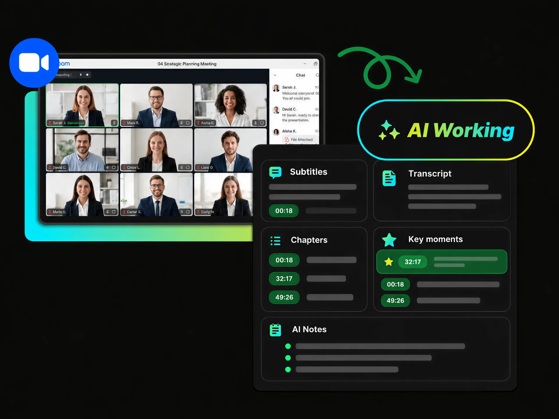 ai helping users review a meeting with transcripts, chapters, and key discussion points