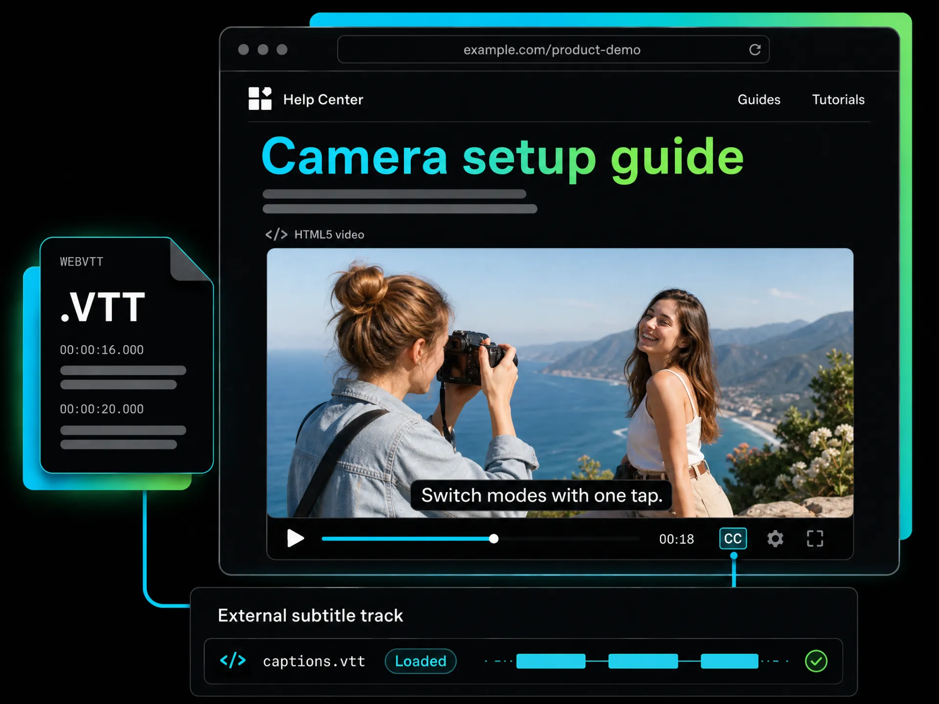 html5 video player displaying webvtt subtitles during a product demo