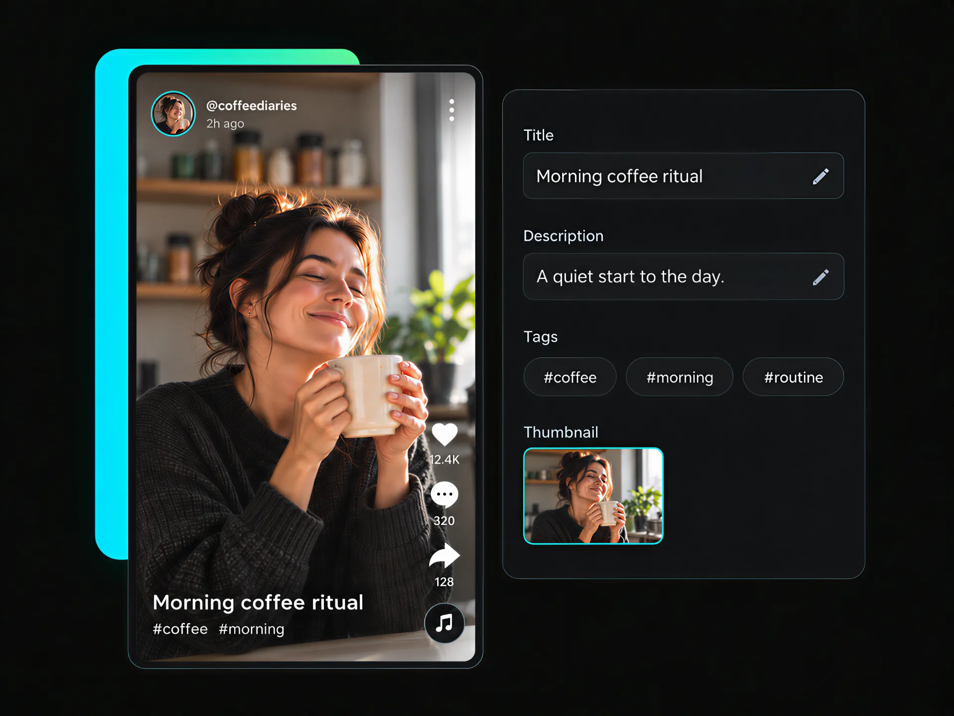 daily tiktok video caption including a title, description, tags, and a thumbnail