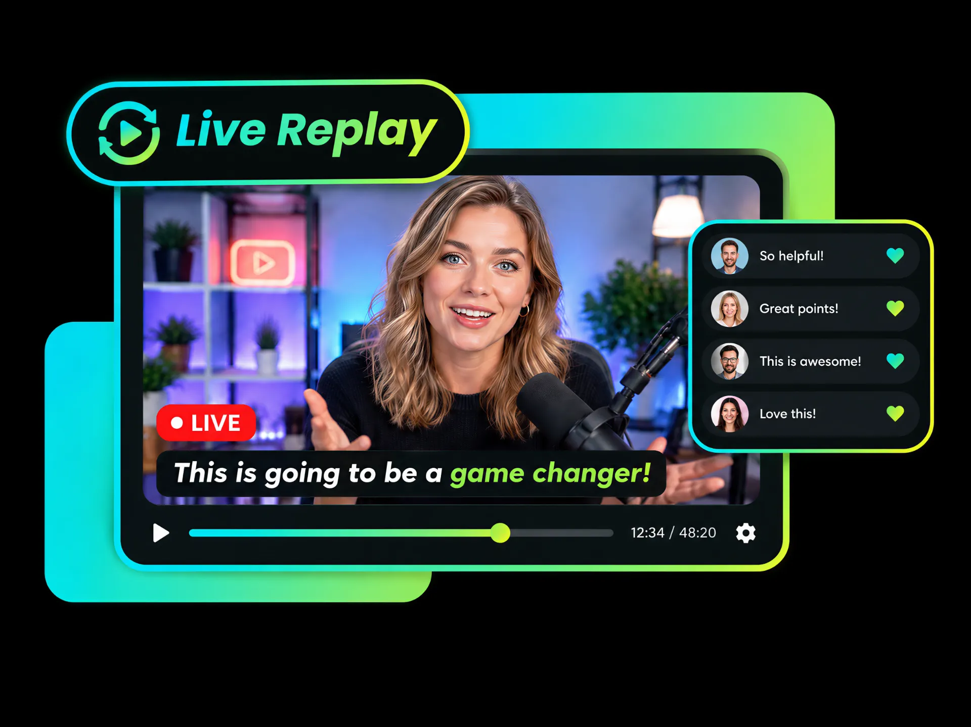 youtube live replay with clear captions for reviewing conversations and key moments