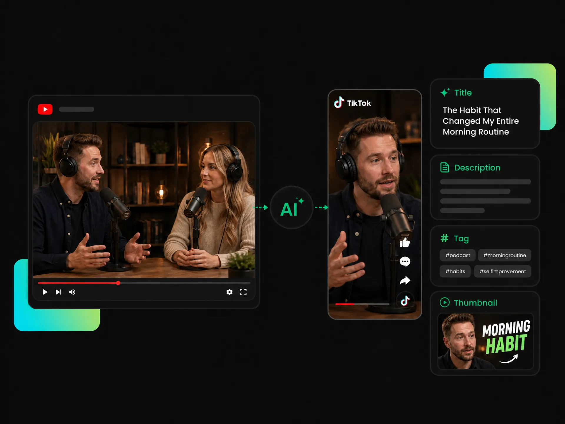 podcast creator repurposing youtube videos with ai generated tiktok videos