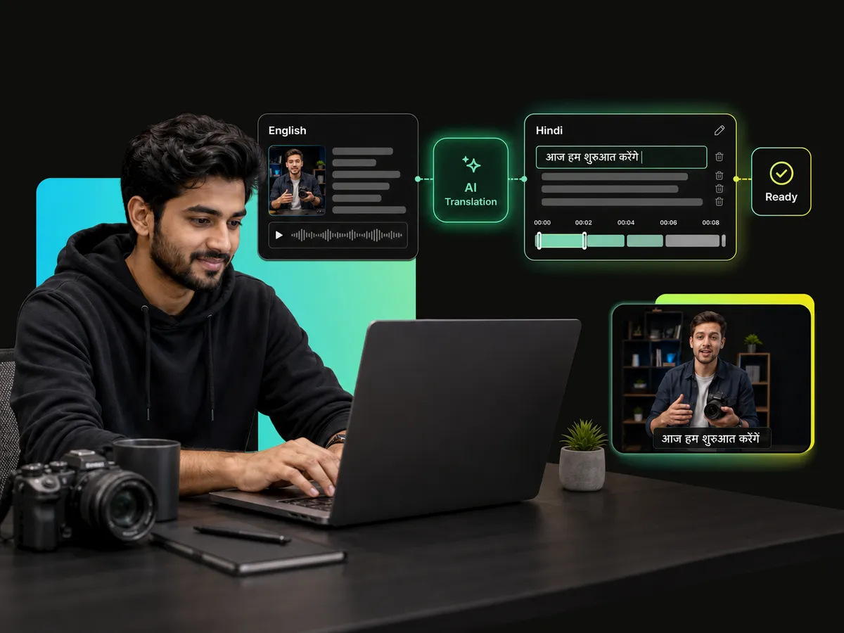 content creator using an ai video translator english to hindi for social media videos