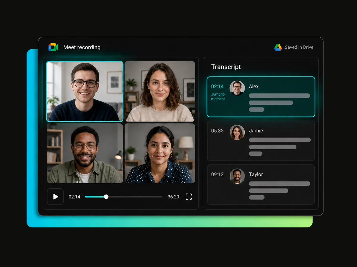 google meet recording with a timestamped and speaker-labeled transcript