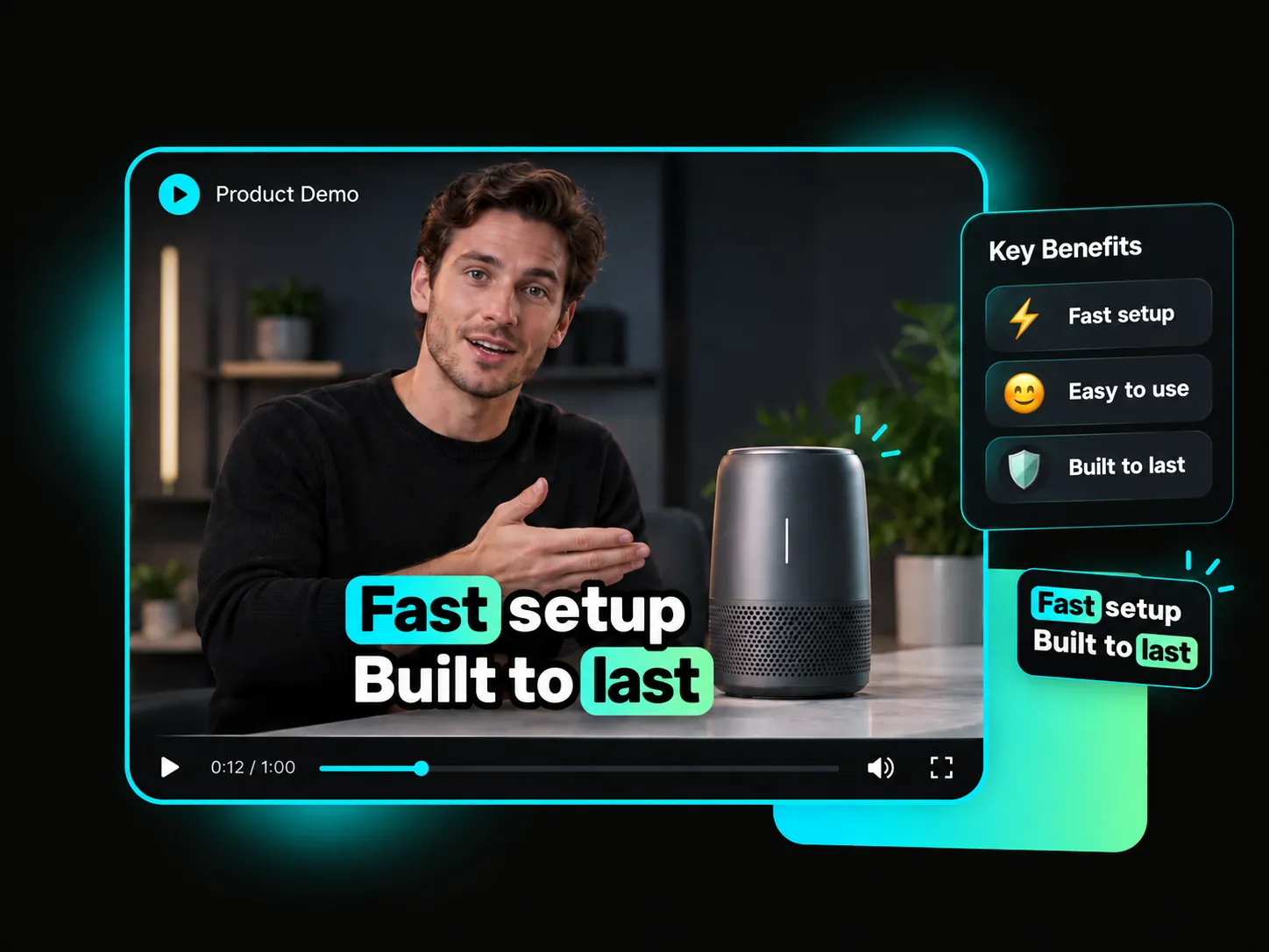 highlighting key product benefits with dynamic captions and word-by-word effects