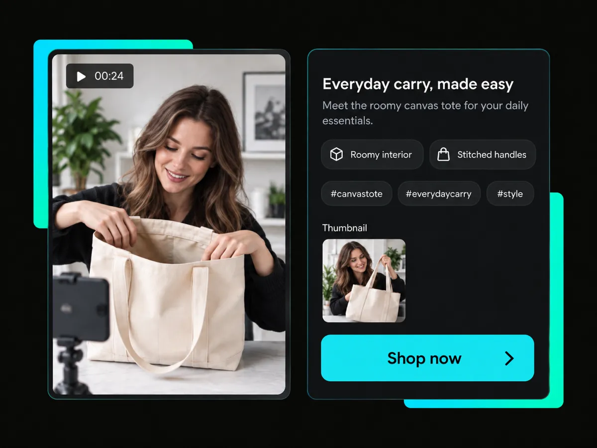 product video post showing a title, description, call to action, and related tags