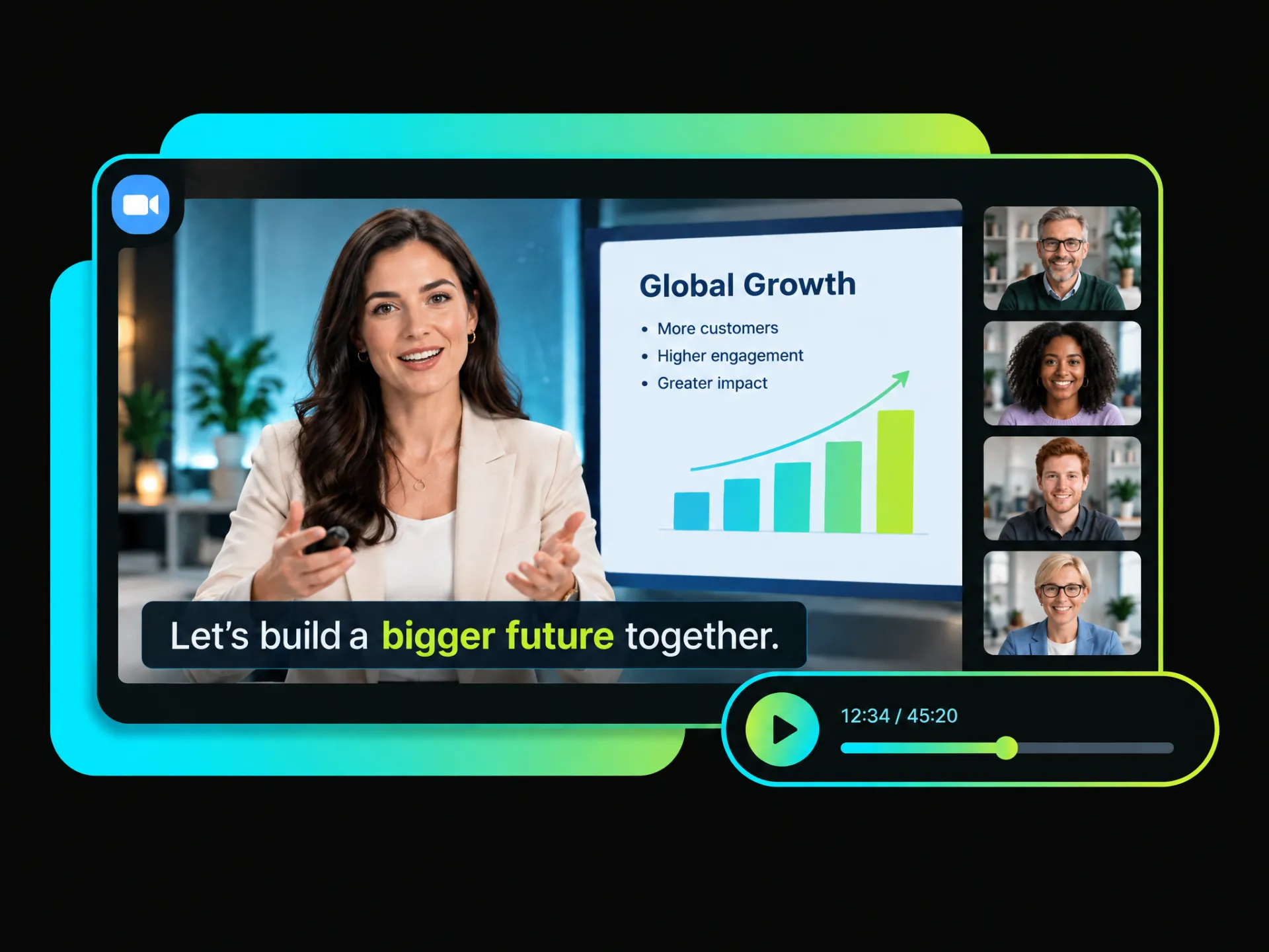 burned-in captions directly displayed on a zoom webinar recording with custom styling